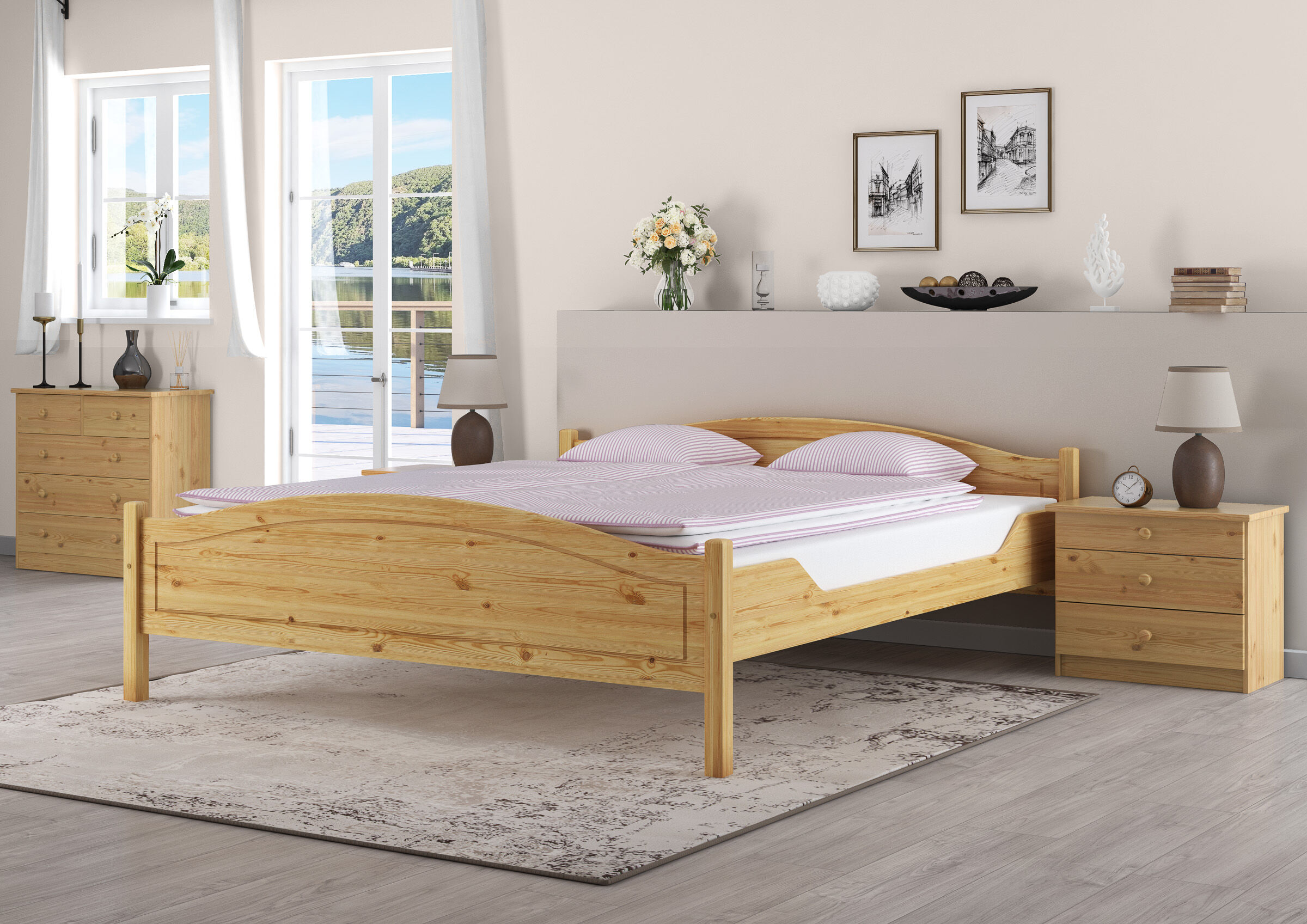 Bettenrahmen, Holzbett, Doppelbett, Nachtkonsolen, Bettzimmer-Setup, Schlafzimmer mit Ehebett Kiefer natur