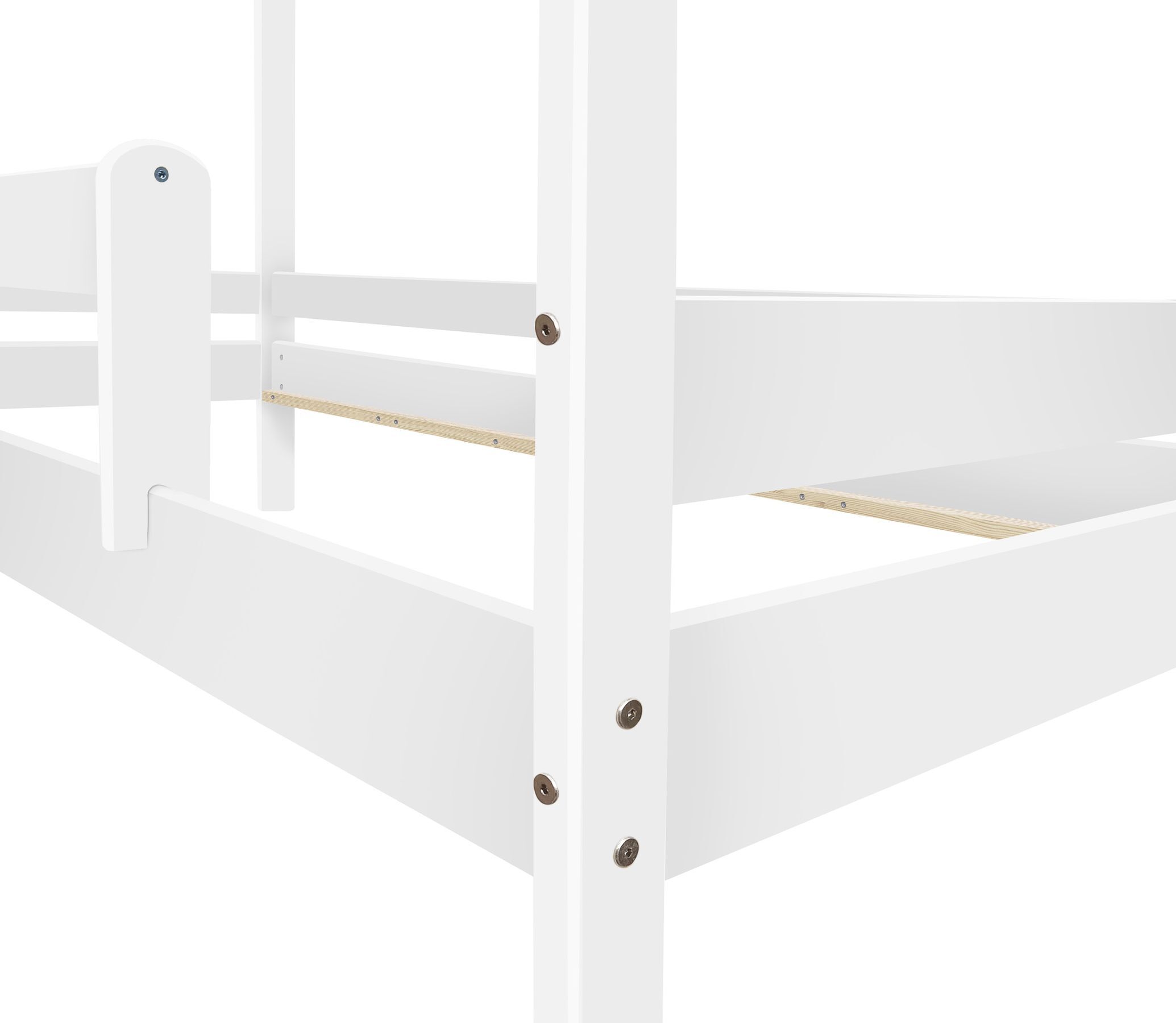 Etagenbett, Holzbett, Weiß, Lattenrost, Holzboden, Detailbild Kinderbett mit Dach