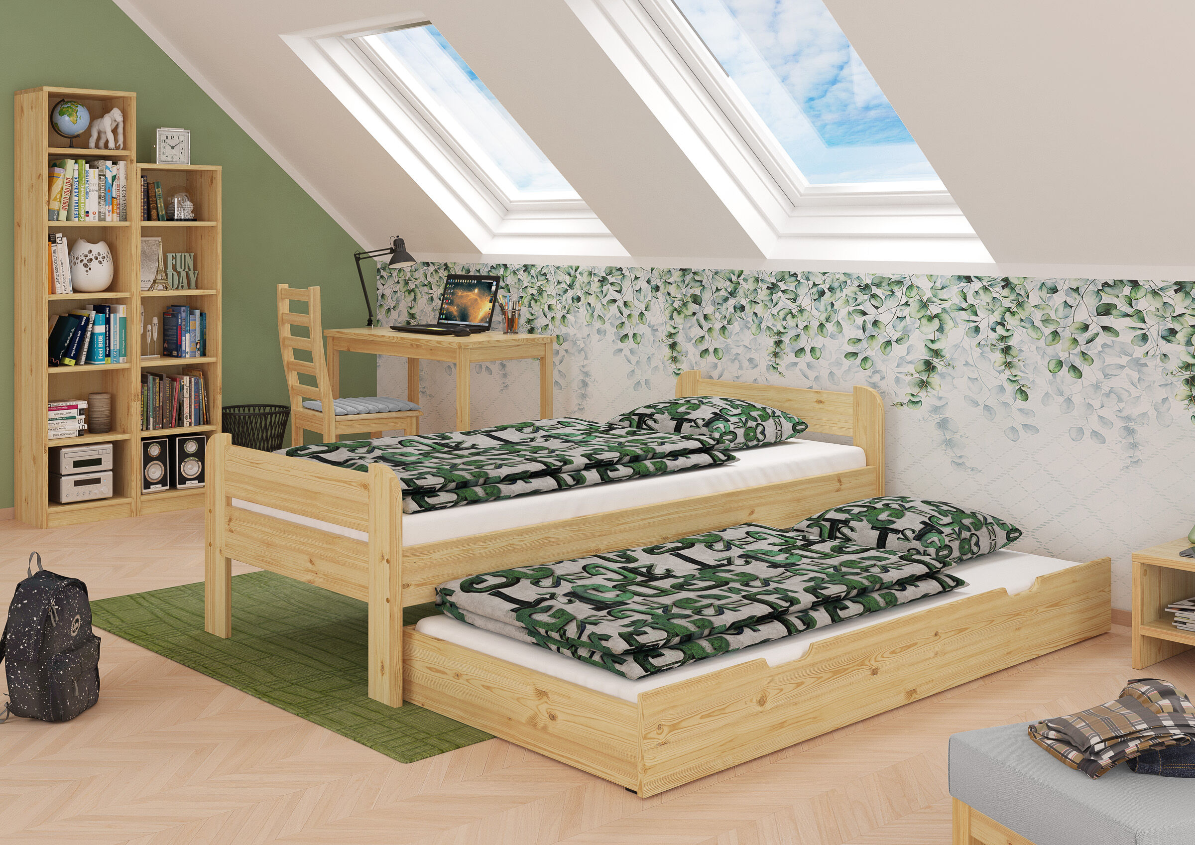 lattenbett, stockbett, grün gemustertes bettzeug, Kiefernholz, schräges Dachfenster, Jugendzimmer mit Holzbett und Gästebettkasten
