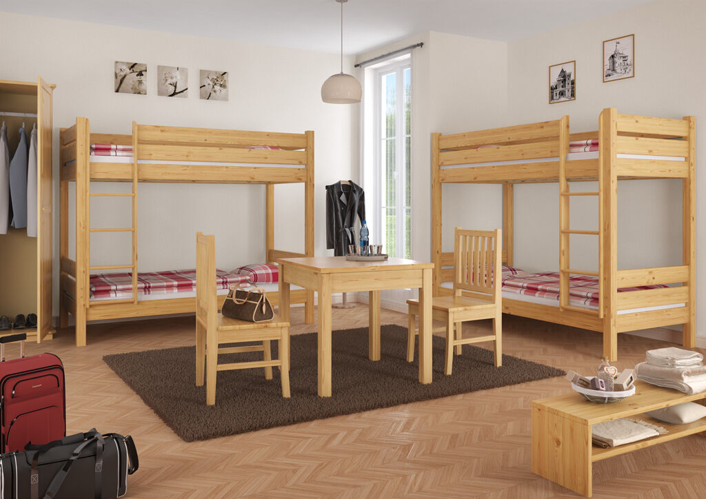 Etagenbetten, Holzmöbel, WG-Zimmer, Tisch, Stühle, Schlafzimmerbild Etagenbett Kiefer natur