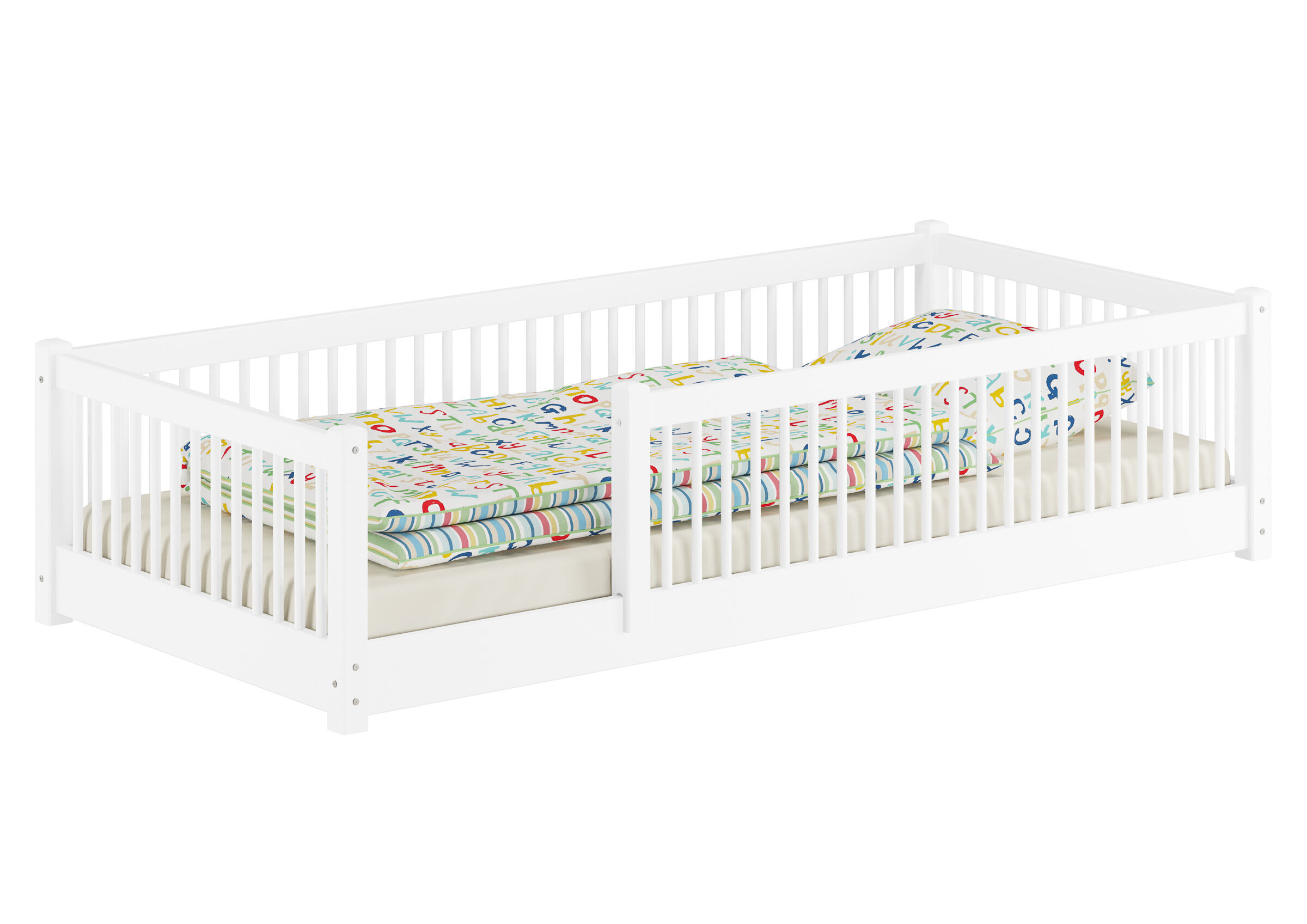 Kinderbett, Babybett, Holzbettrahmen, weiß, Gitterbett, Kinderbett mit Gitter