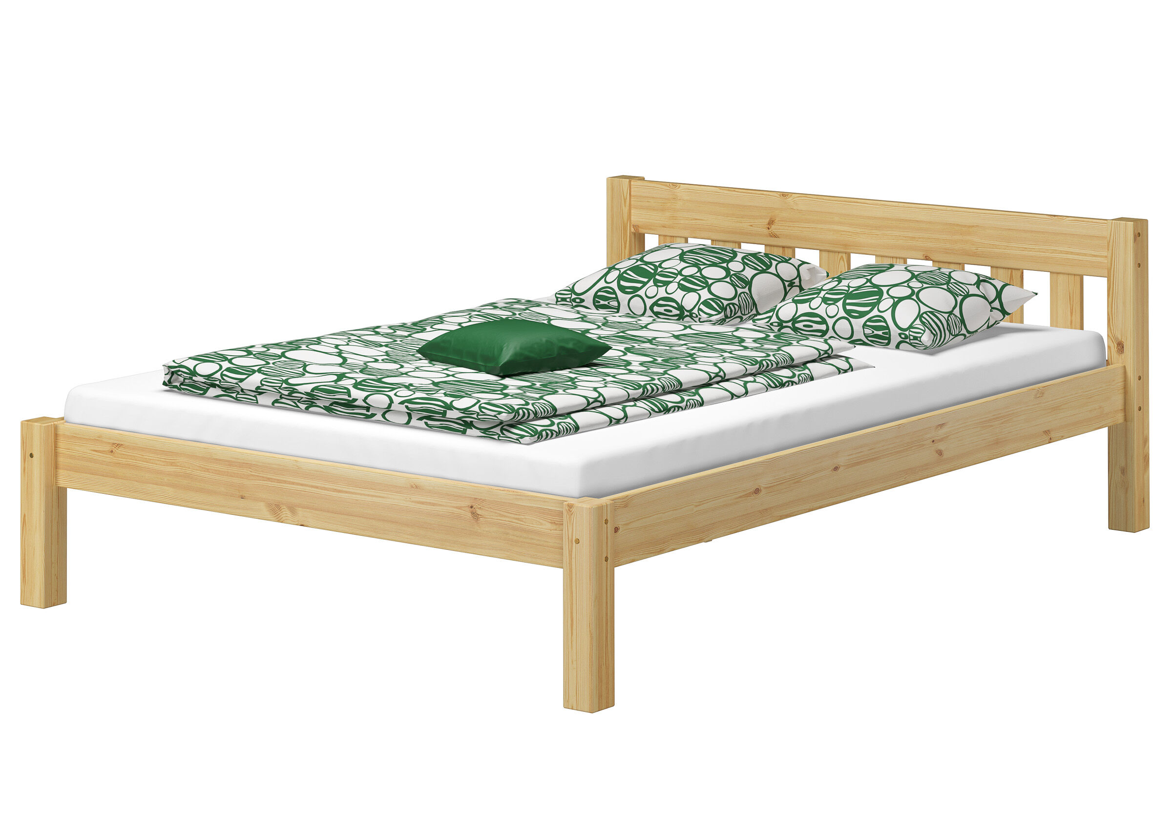 Holzbett, Kopfteil, Fußteil, Bettgestell, Bettwäsche-Grundset, Doppelbett Kiefer natur mit Matratze