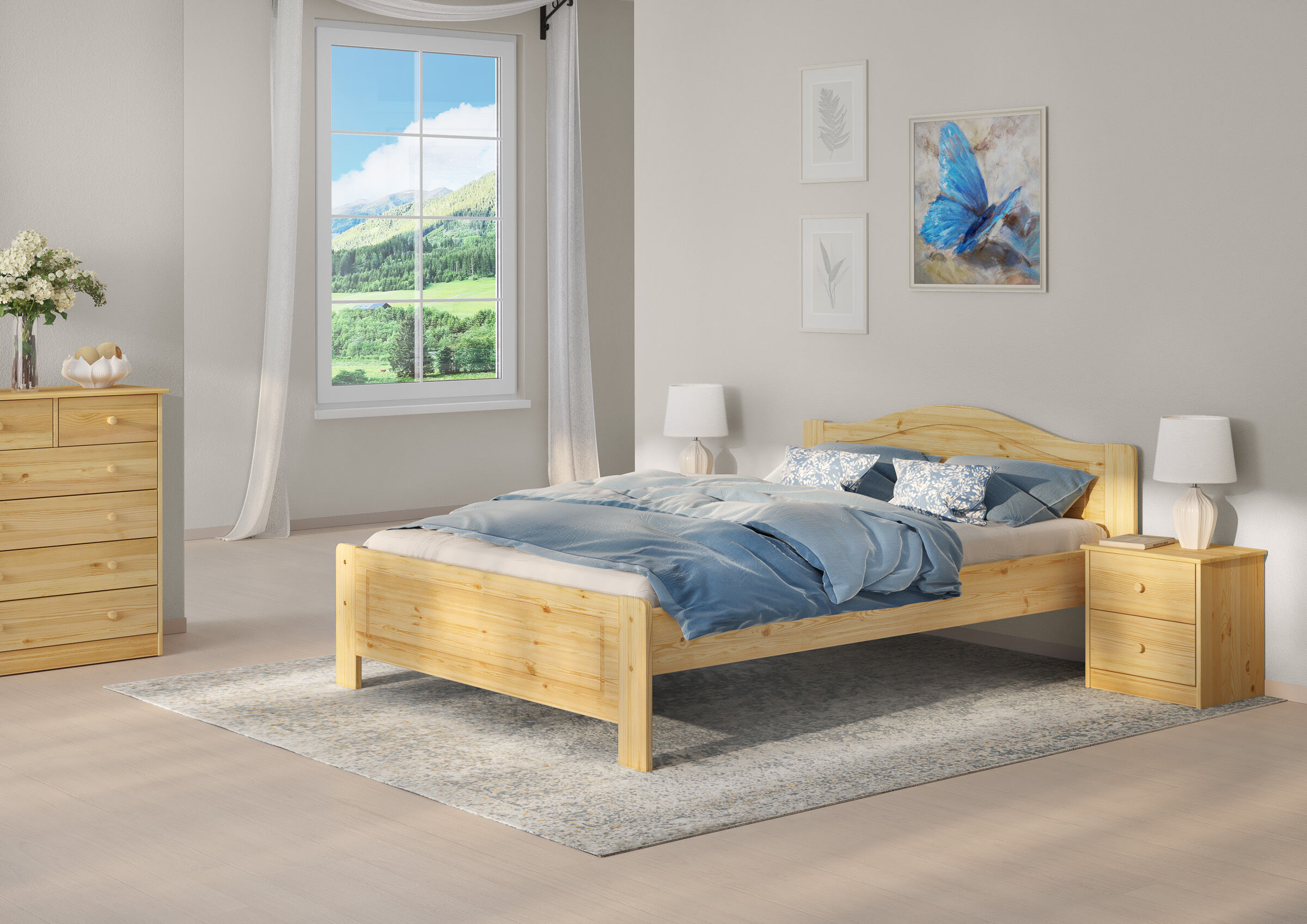 Holzbetten, Bettrahmen, Holzkommode, Nachttisch, Bettwäsche blau, Schlafzimmerbild Ehebett Kiefer