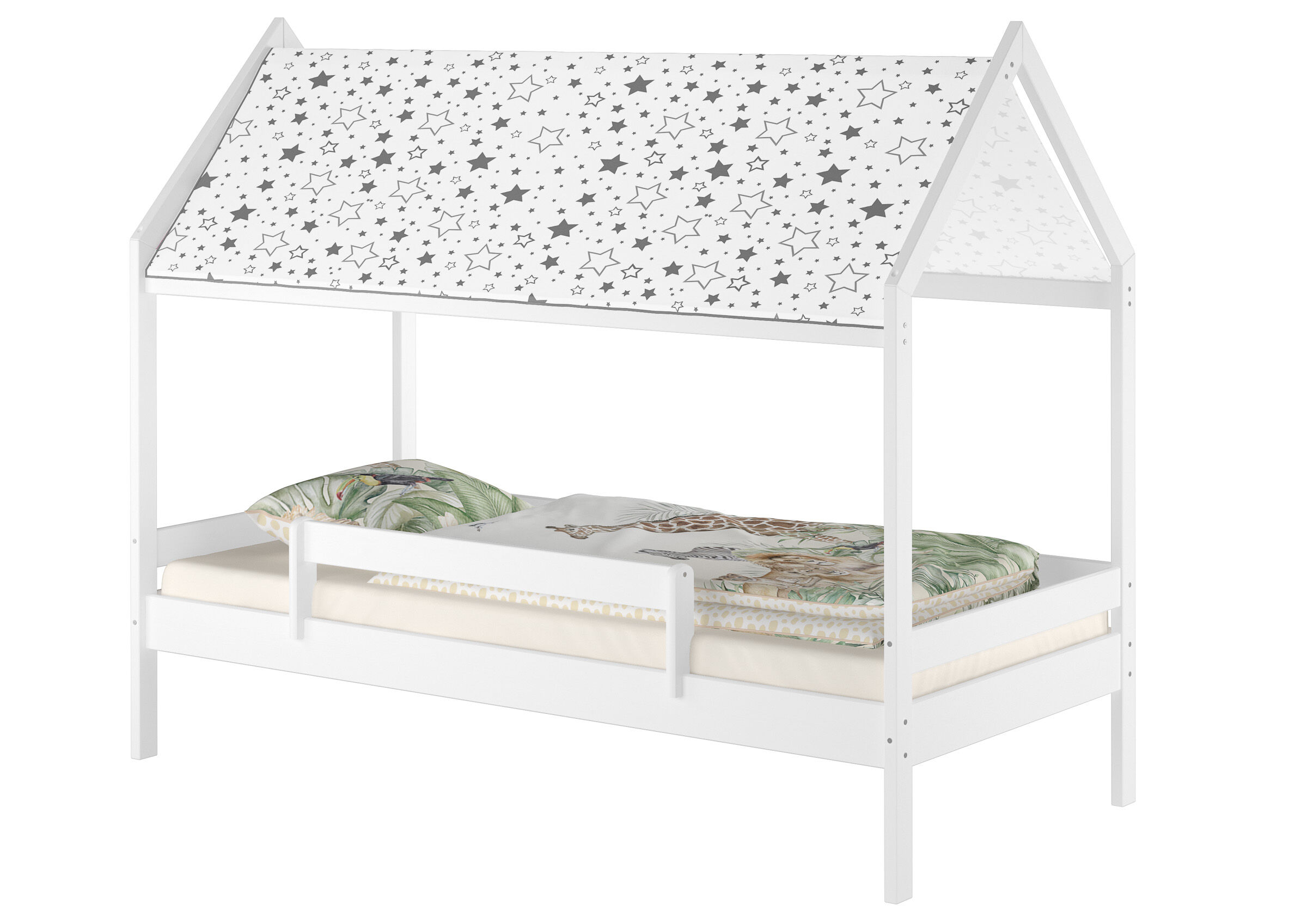 Hochbett, Matratze, Sternenmuster, Holzrahmen, Weiß, Kinderbett mit Sternenhimmel Kiefer waschweiß
