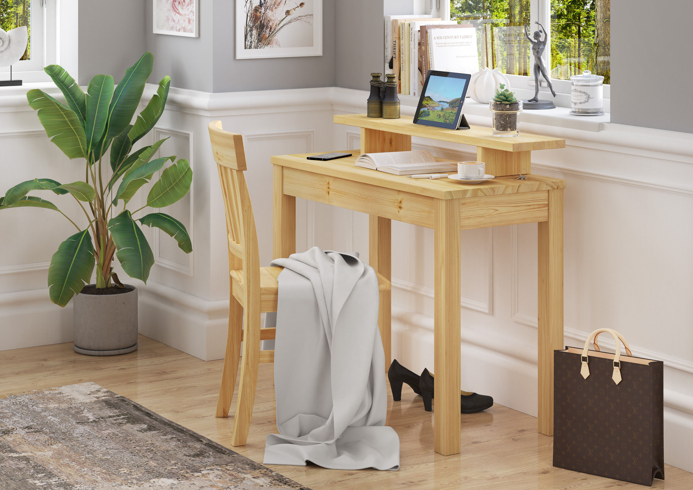 home office, Schreibtisch, Holzschreibtisch, Topfpflanze, Laptop-Ständer, Lebhafter Schminktisch 100x45 mit Podest