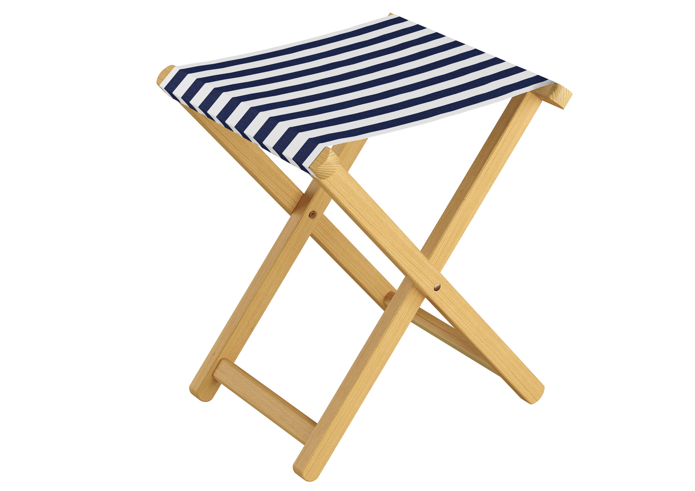 Faltbarer Hocker, Holzrahmen, Blau gestreiftes Gewebe, Tragbar, Sitzhöhe verstellbar, zusammenklappbarer Hocker mit Stoffbezug