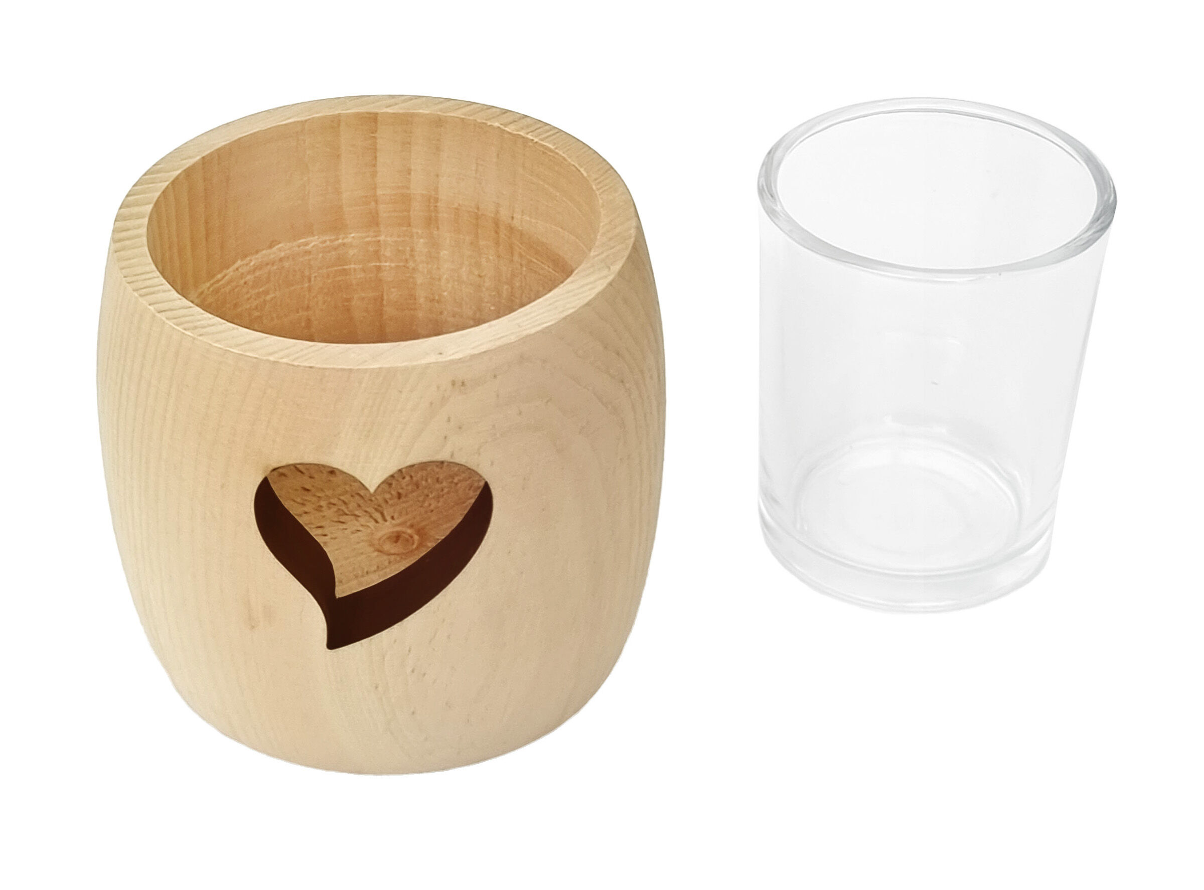 holz, kerzenhalter, herzmotiv, vintage, glasbecher, Zirbenholz Teelichhalter mit Herzausschnitt