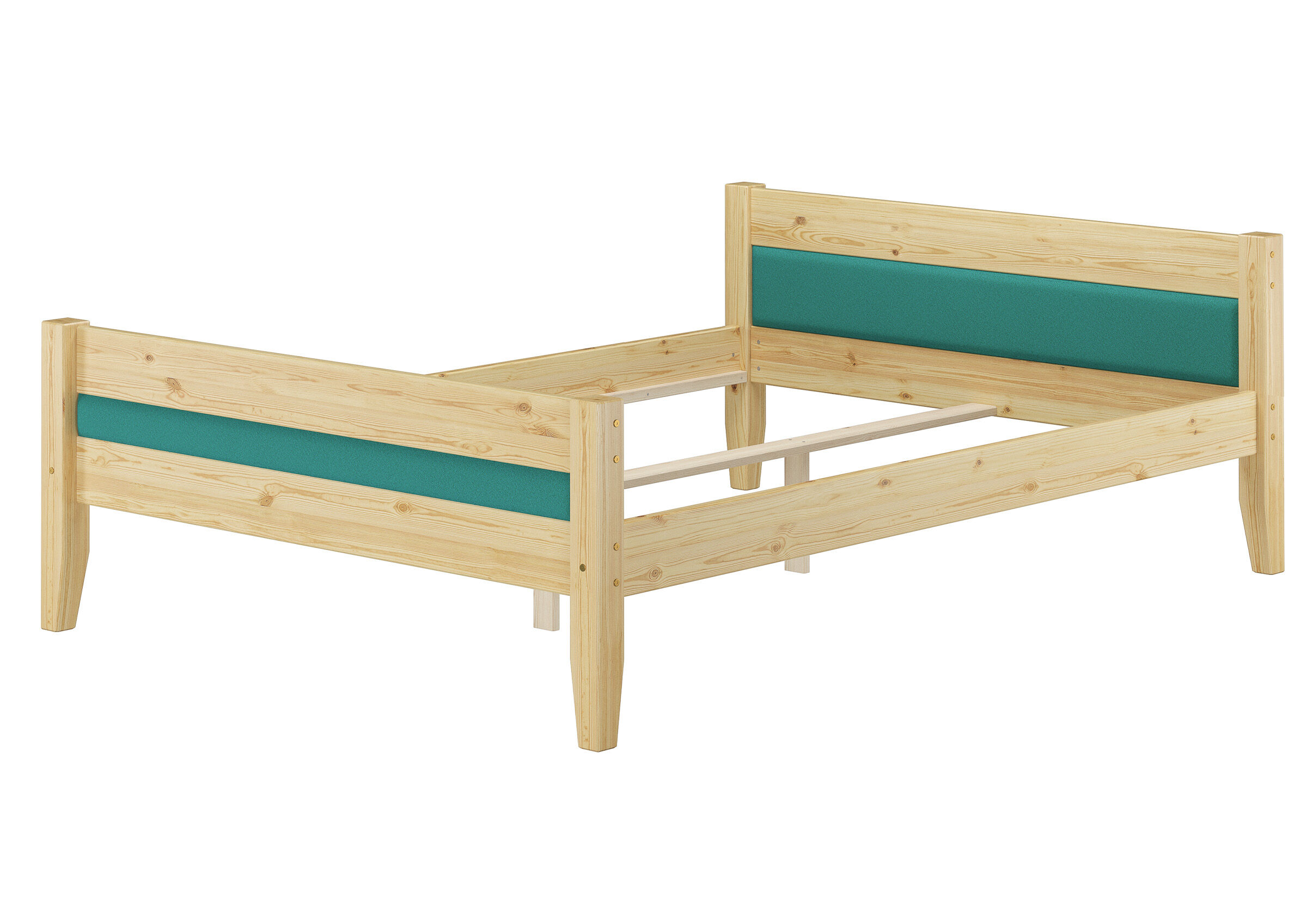 holzbett, Campingbett, Holzrahmen, Grün gepolstert, Lattenrosthalterung, türkises-Holzbett-120x200