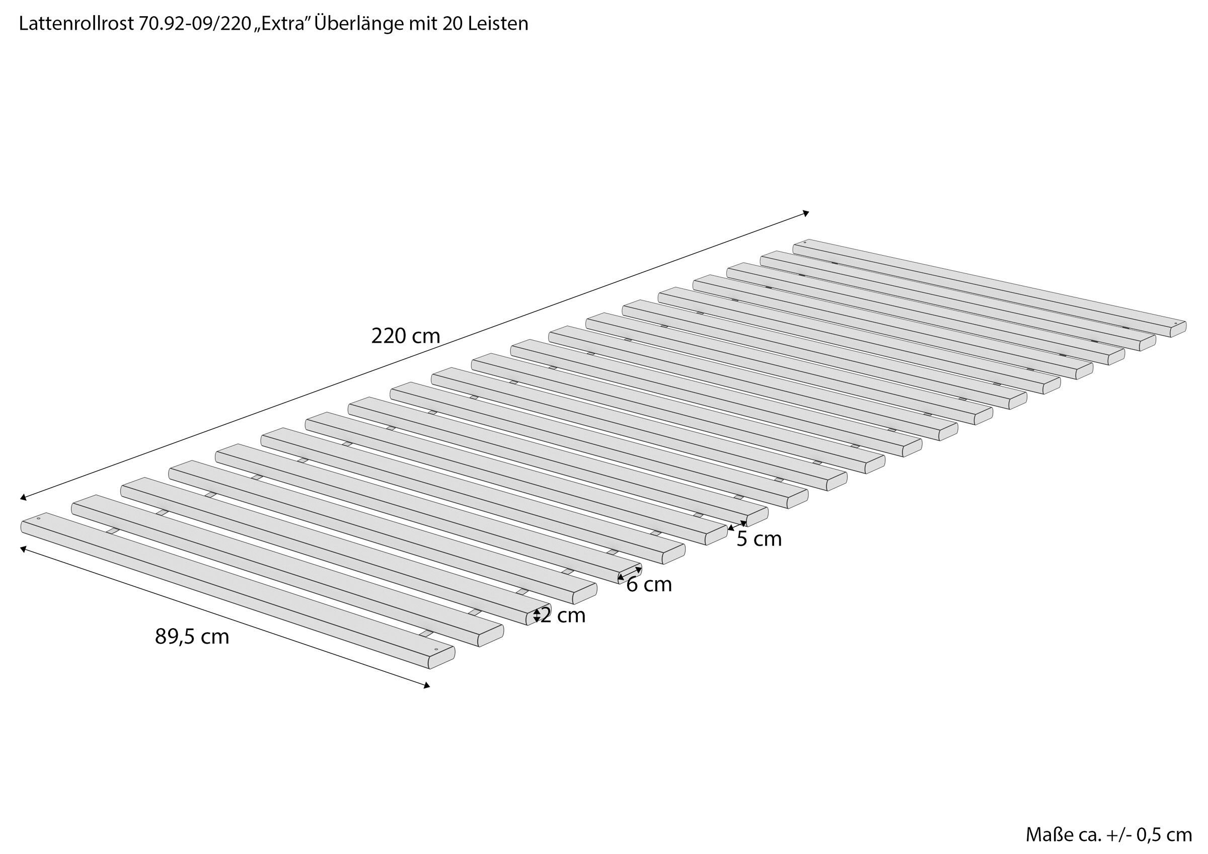 Lattenrollrost, Gartenrohrrost, Überlänge, Balken, Leisten, Massskitze des Rollrostes in Überlänge 90x220