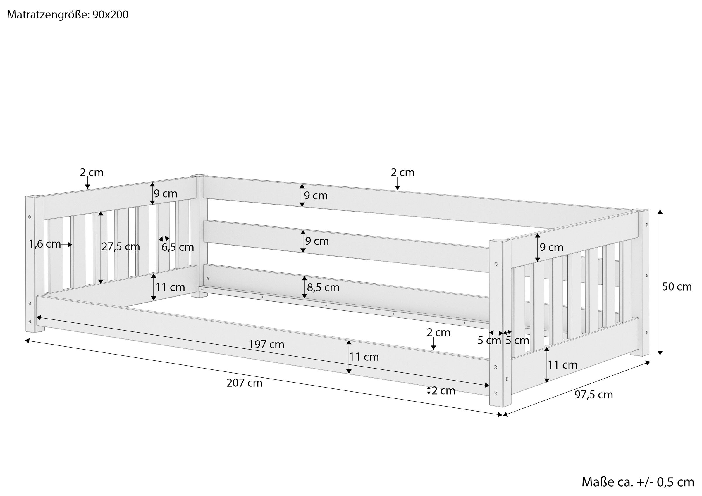 einzelbett, holzbettrahmen, kinderbett, massivholz, bettrahmen-fragen, Kinderbett bemaßt 90x200