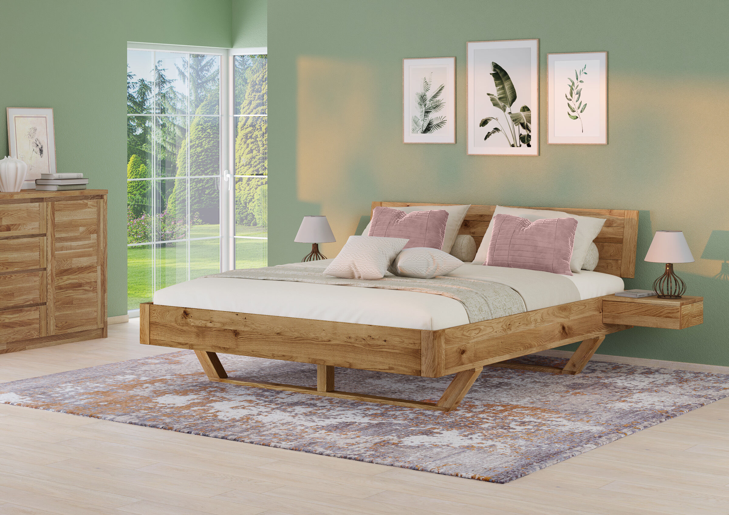 bett, holzbett, holz, bettgestell, raumdeko, Zimmerbild des schwebenden Doppelbettes 200x200