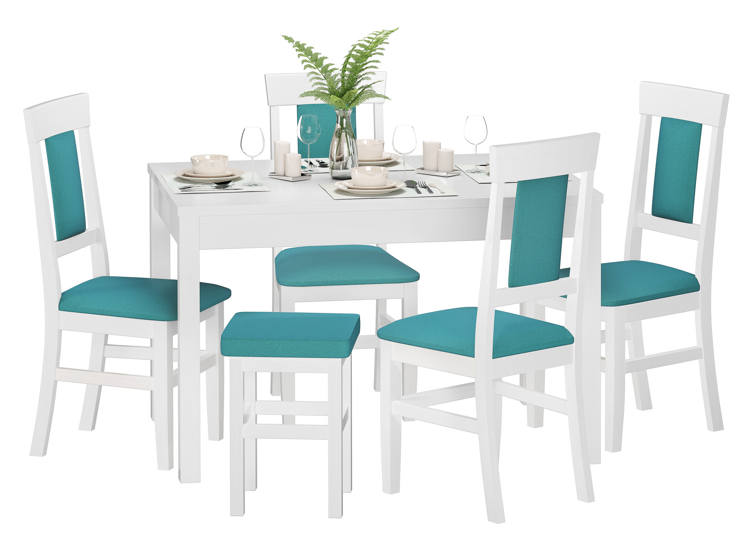 Esstisch, 4-Sitzer, weiß, Teal-Bezüge, Holzstuhl,