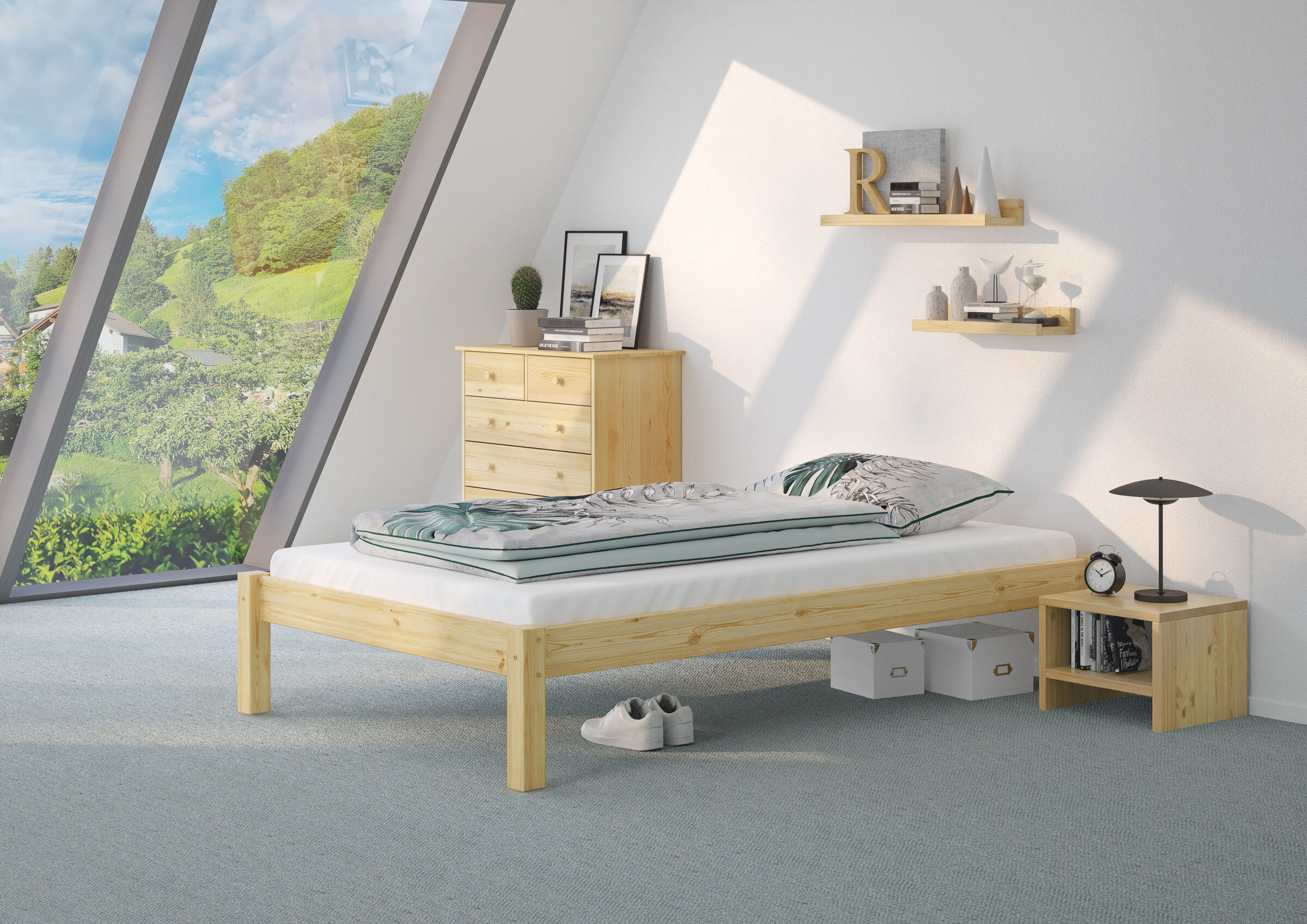 Drinnen, Innenarchitektur, Mobiliar, Bett, Schlafzimmer, Zimmerbild Einzelbett Kiefer Natur