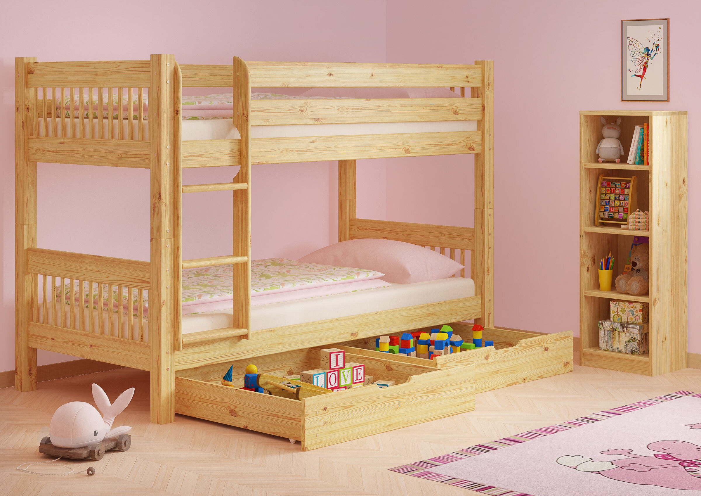 Kinderstockbett aus Massivholz mit wählbarem Zubehör, Liegefläche 90x200 V-60.12-09Ni70