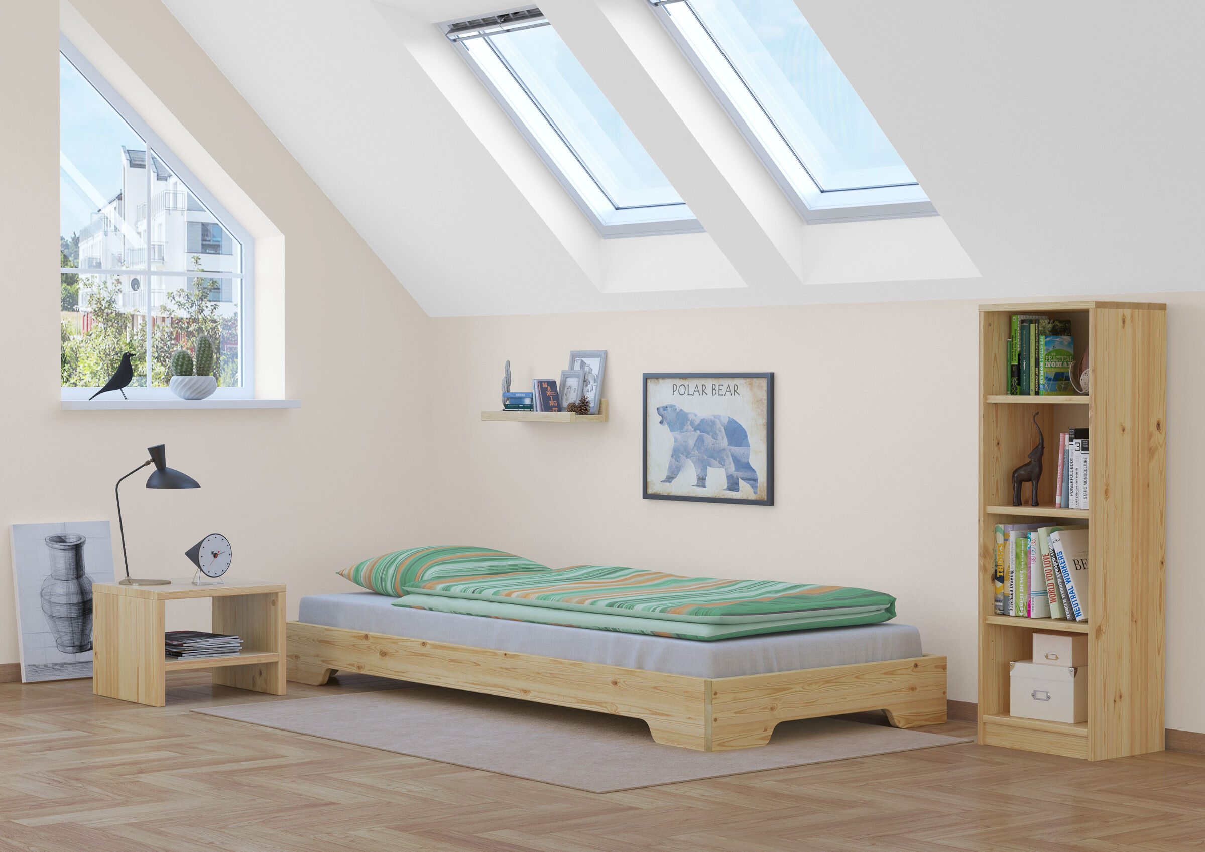 Einzelbett, Holzbett, Bücherregal, Skylight, Kinderzimmer, Holz Bett-flach-niedrig-90x190