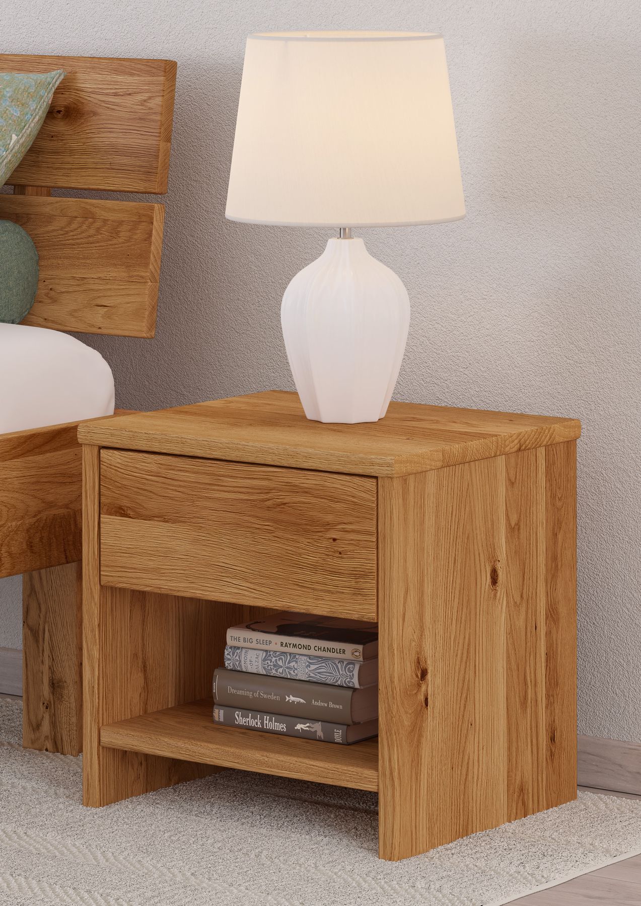 Nachttisch, Nachtisch mit Schublade, Holz, Tischlampe, Regalablage, Zeitloser Nachttisch aus Eiche