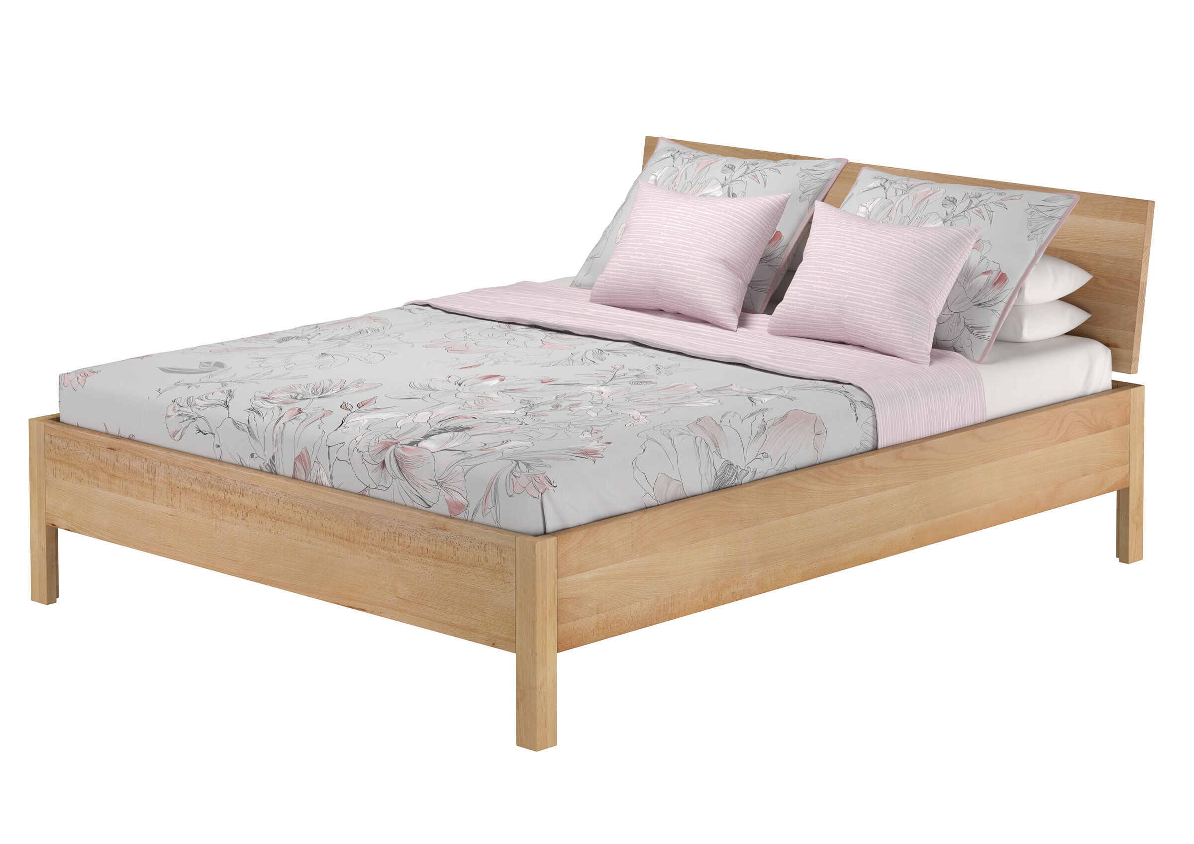 Bettgestell, Holzbettrahmen, Bettwäsche-Set, Blumenmuster, Kissen(2), Holzbett geölt 160x200 metallfrei