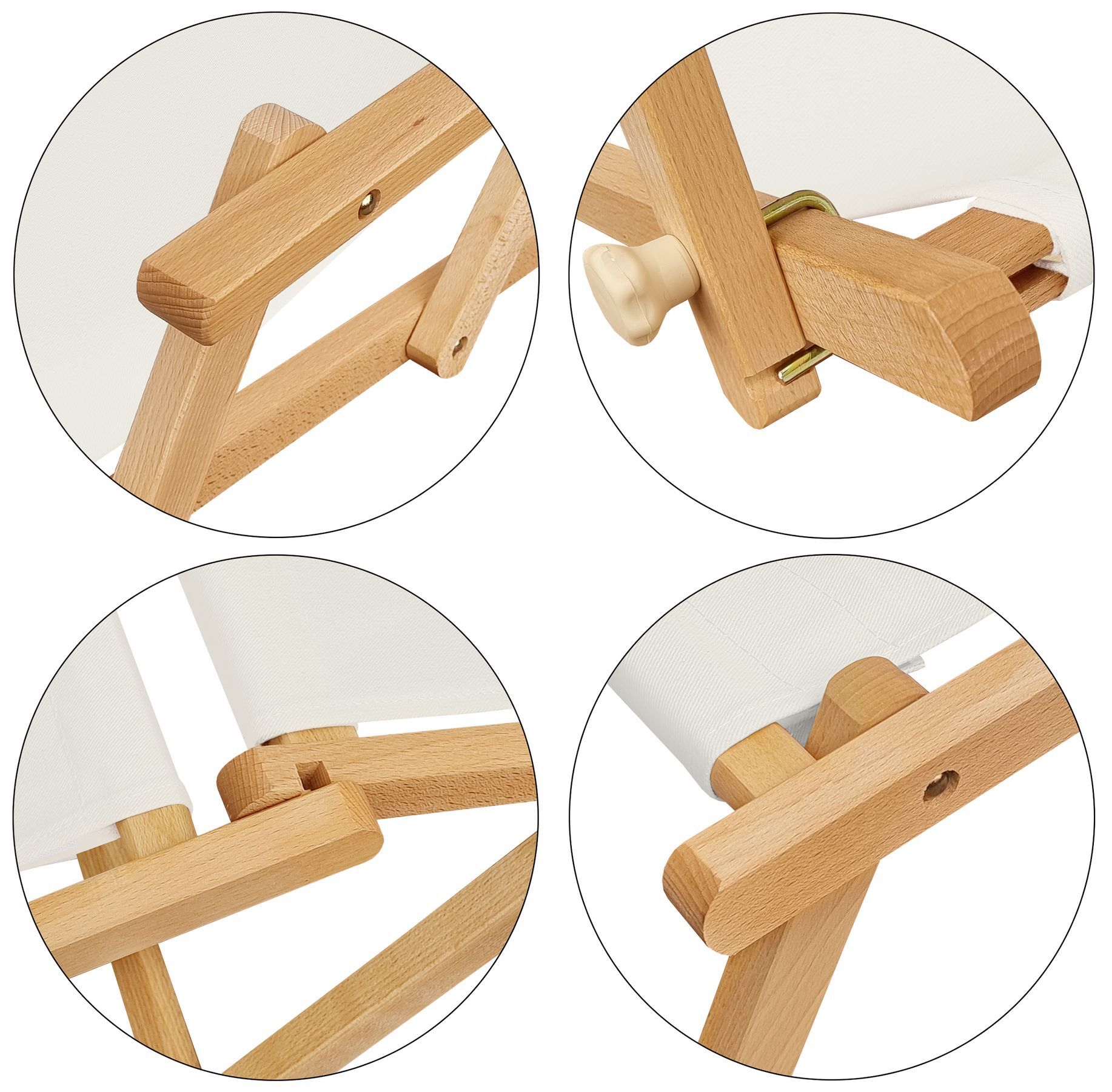 Holzrahmen, Tragender Holzrahmen, Leinwandhalter, Holzklammer, Holzstruktur, Detailbild der Stofffarbe weiß/creme und des Rahmens
