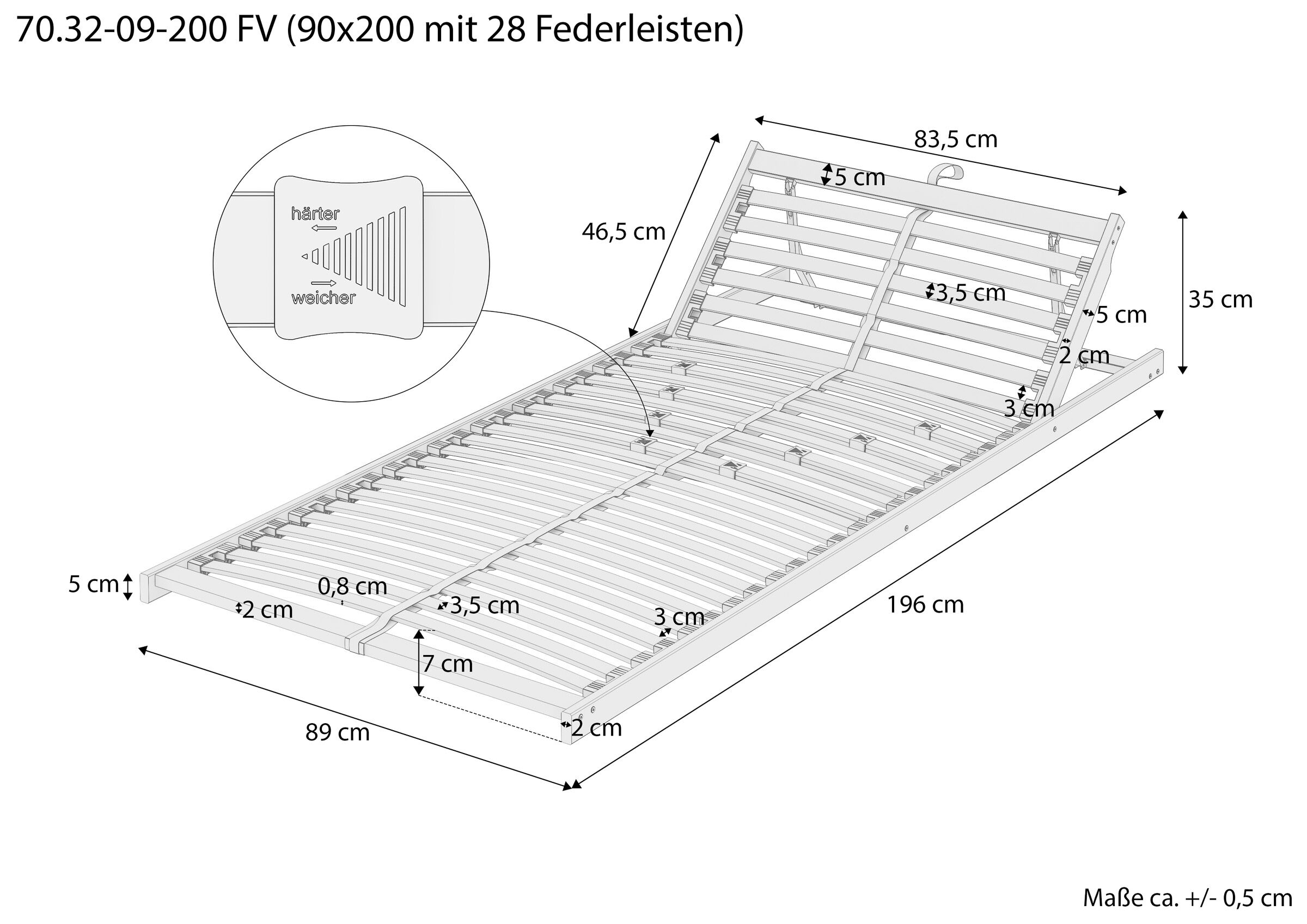 Bettrahmen, Lattenrost, Holzlattenrost, verstellbar, Maße 90x200, Skizze mit Maße