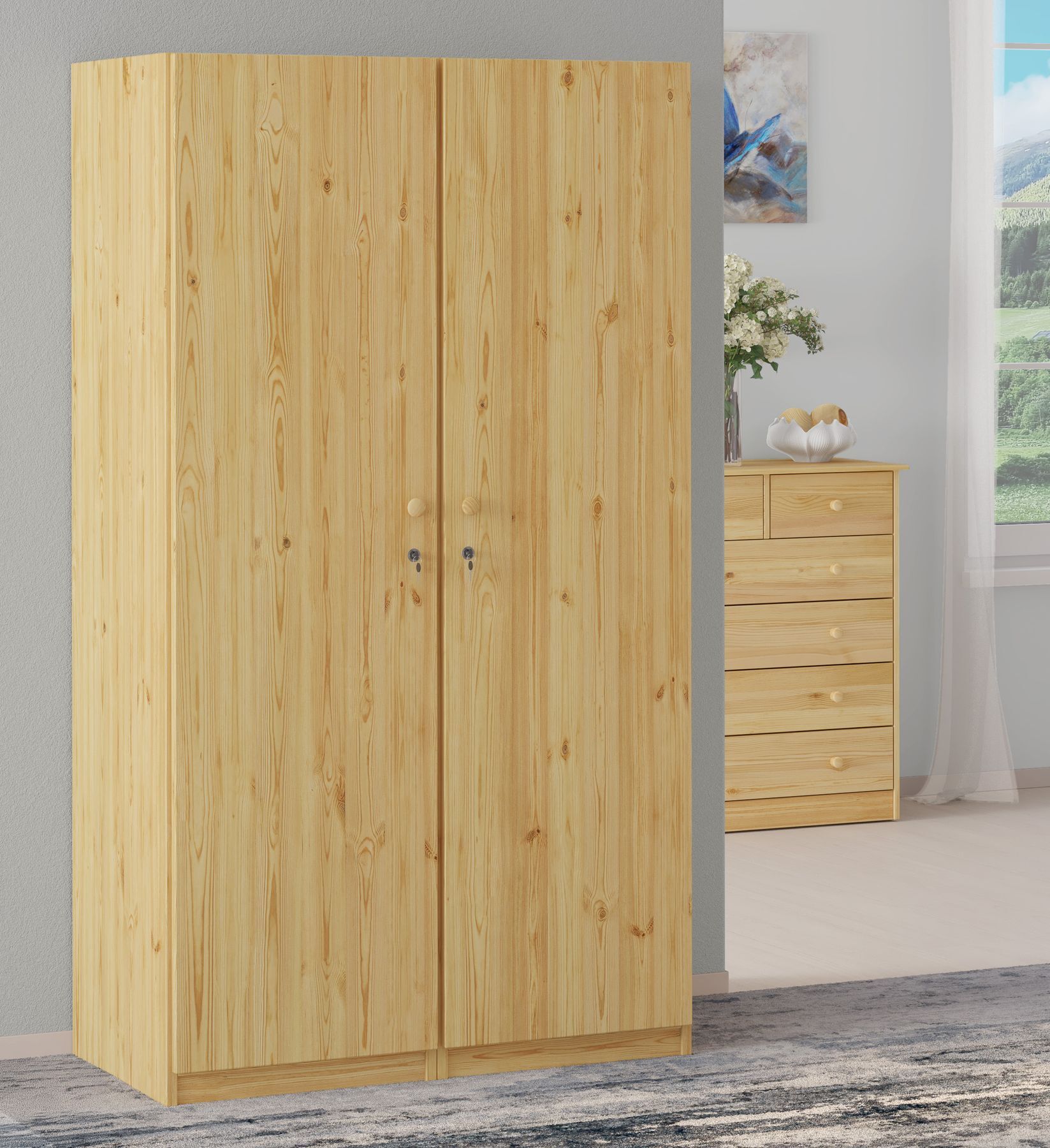 Kleiderschrank, Holz, Massivholz, Zweiflügel-Schrank, Holzkorpus, Zwei Schränke als Wohnwandset
