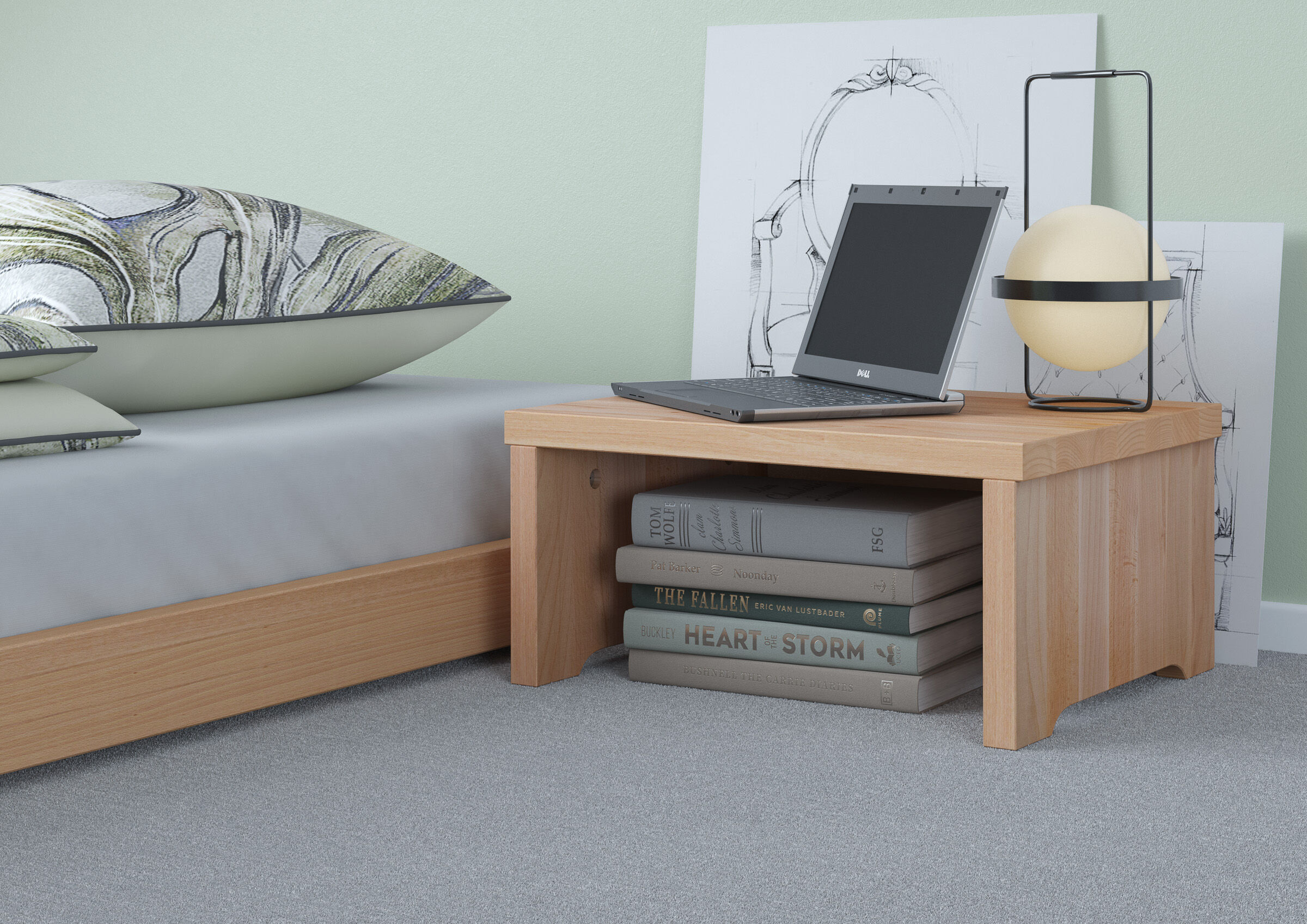 Laptop, Docking station, Bücher, Nachttisch, Lampe, Nachtkonsole für Niederflurmöbel