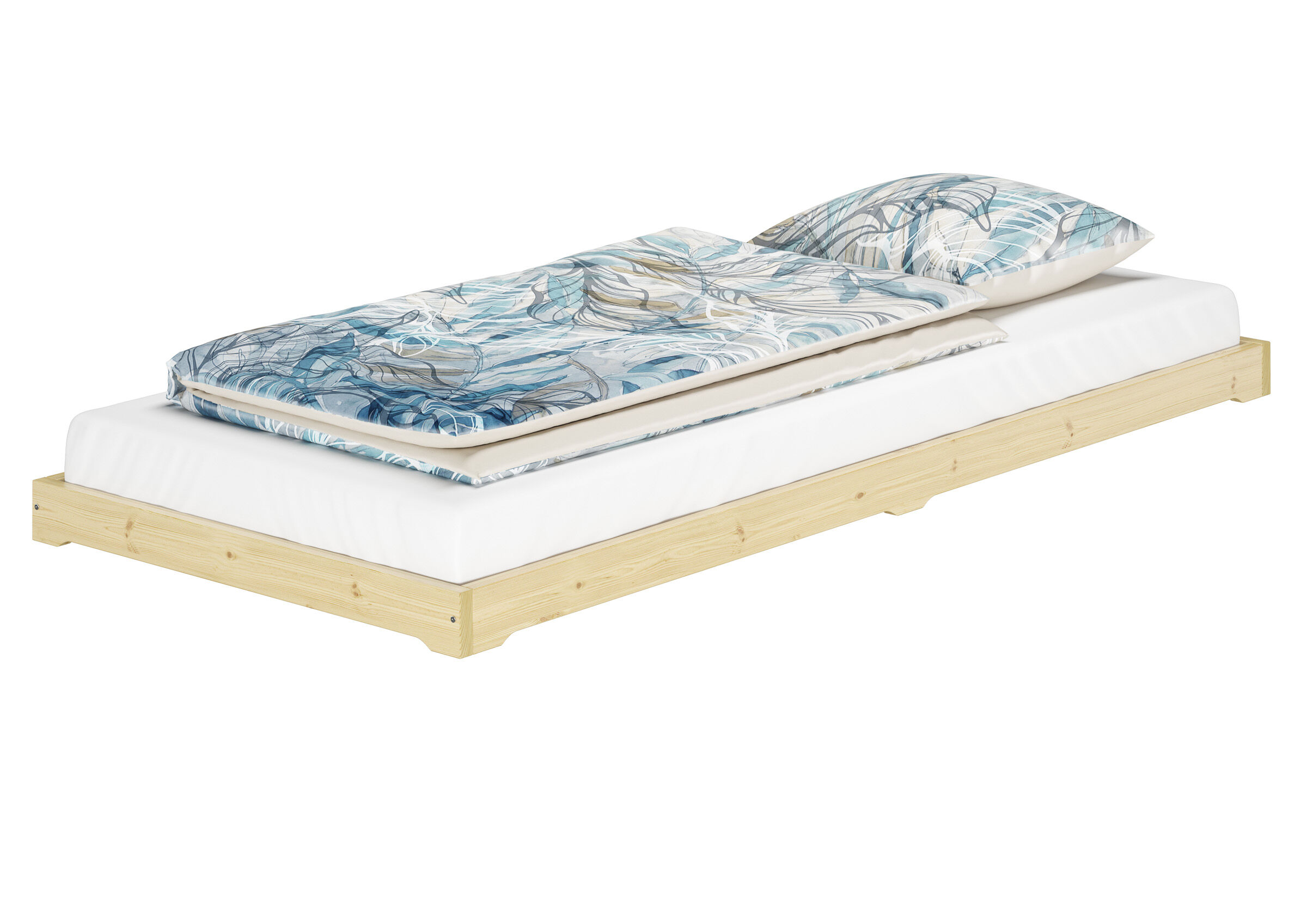 Holzbett, Bettrahmen, Doppelbett, Bettgestell, Bettwäsche-Set, Niedrigflurbett