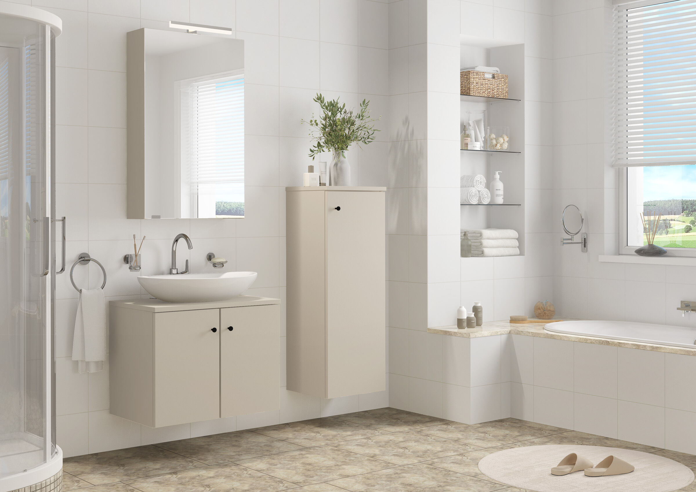 Badezimmer, Waschplatz, Spiegel, Unterschrank, Badewanne, Badezimmermöbel ohne Füße Kiesel