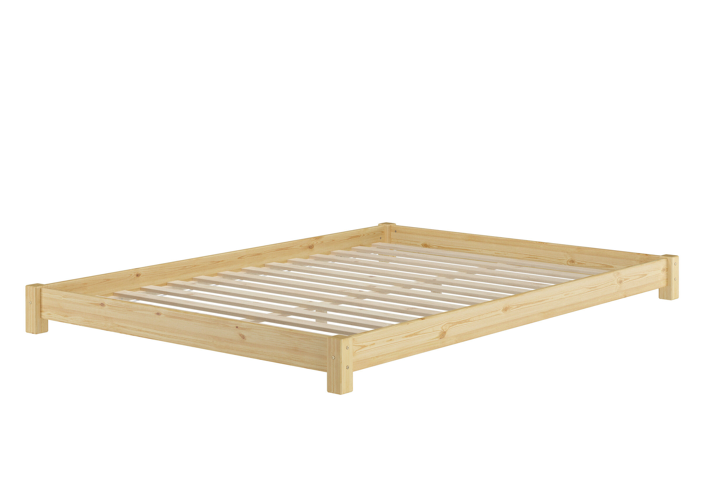 Holzbettgestell, Einzelbett, Holzrahmen, Lattenrostunterlage, Naturholz, Stabiles Ehebett 160x200 extra niedrig mit Rollrost