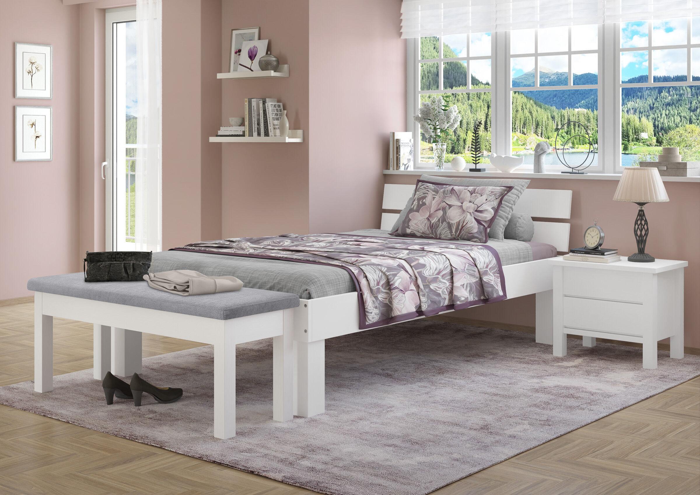 Bett, Bettdecke, Pflanzenmuster, Bank/Truhe, Nachttisch, Schlafzimmer Bank gepolstert