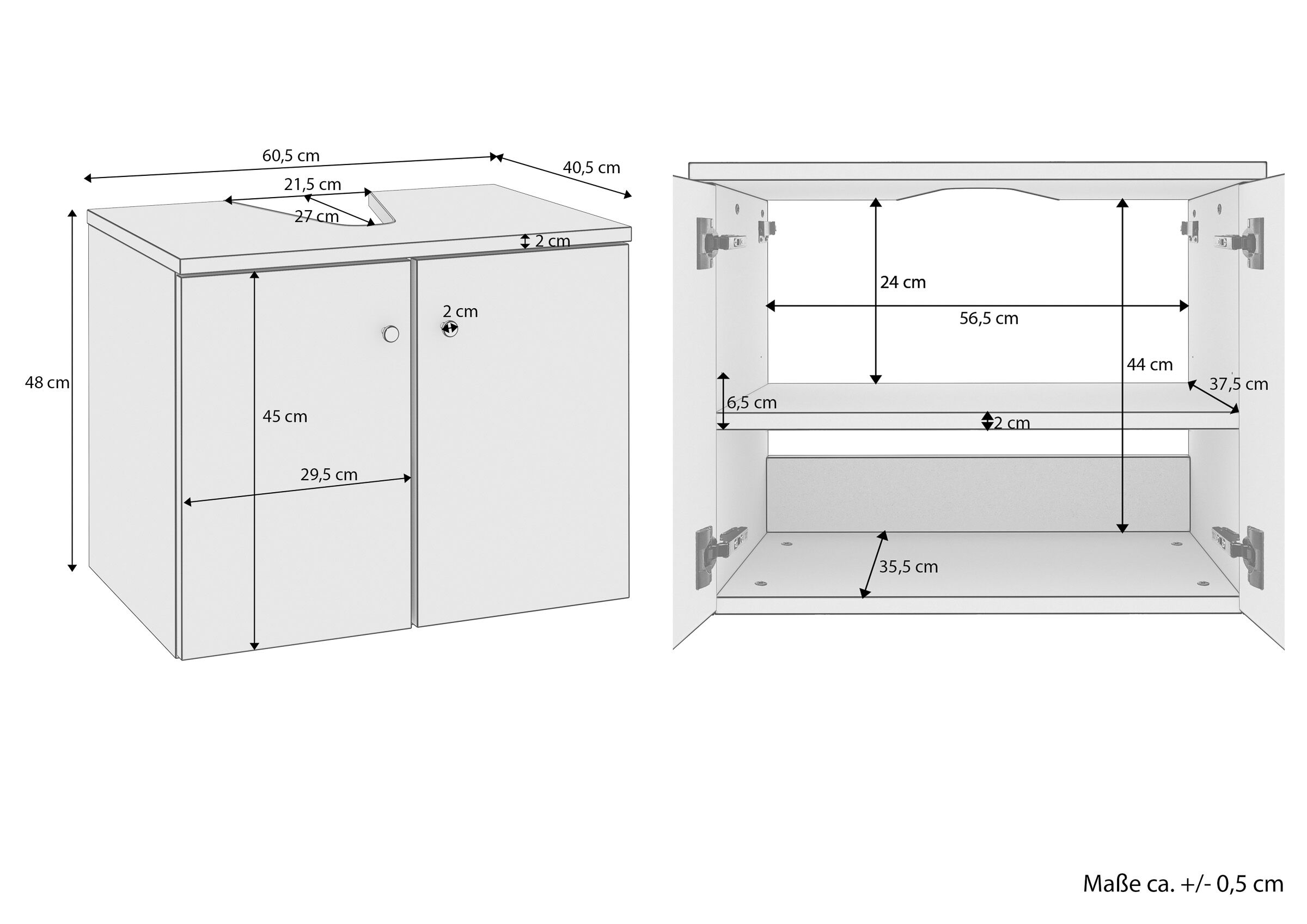 Unterschrank, Waschtischunterschrank, Schranktür, Holzoptik, Griffloser Knopf, Massskize Unterschrank ohne Füße