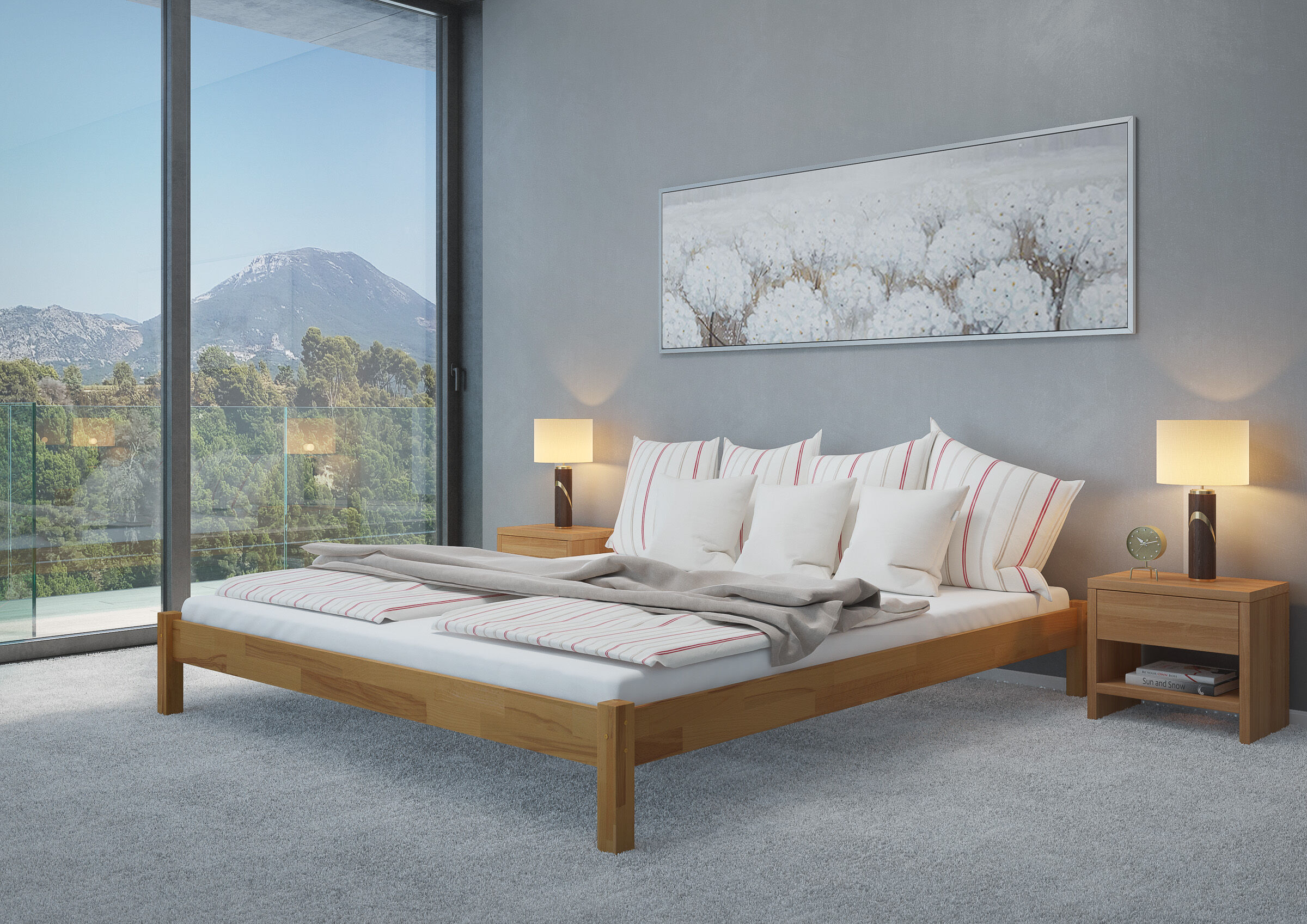 Innenarchitektur, Mobiliar, Lampe, Dekoration für Zuhause, Schlafzimmer, Zimmerbild Buche Bett massiv