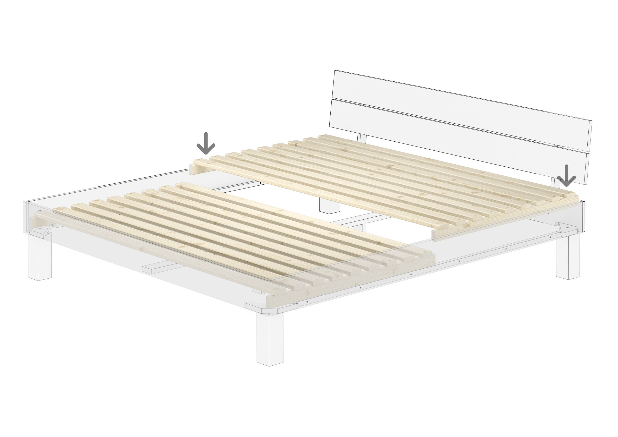 bett, italienische bettlatten, Holzbettgestell, Lattenrost, Holzlatten, Metallfreier Rost in Einlegetiefe des Doppelbettes 180x200