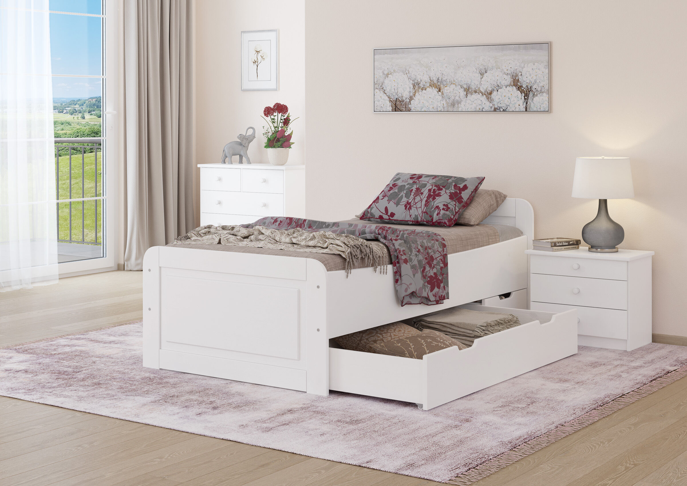 bett, Holzbettrahmen, weiße Schubladen, Stauraum, Nachttischlampe, Zimmerbilde des Senioren Bettes mit Schubladen S4W-2