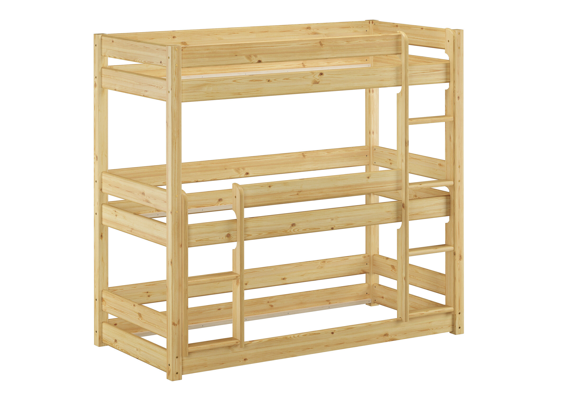 Etagenbett, Holz, Naturholz, Bunk bed, Rahmen, Stockbett mit 3 Schlafplätzen Kiefer natur
