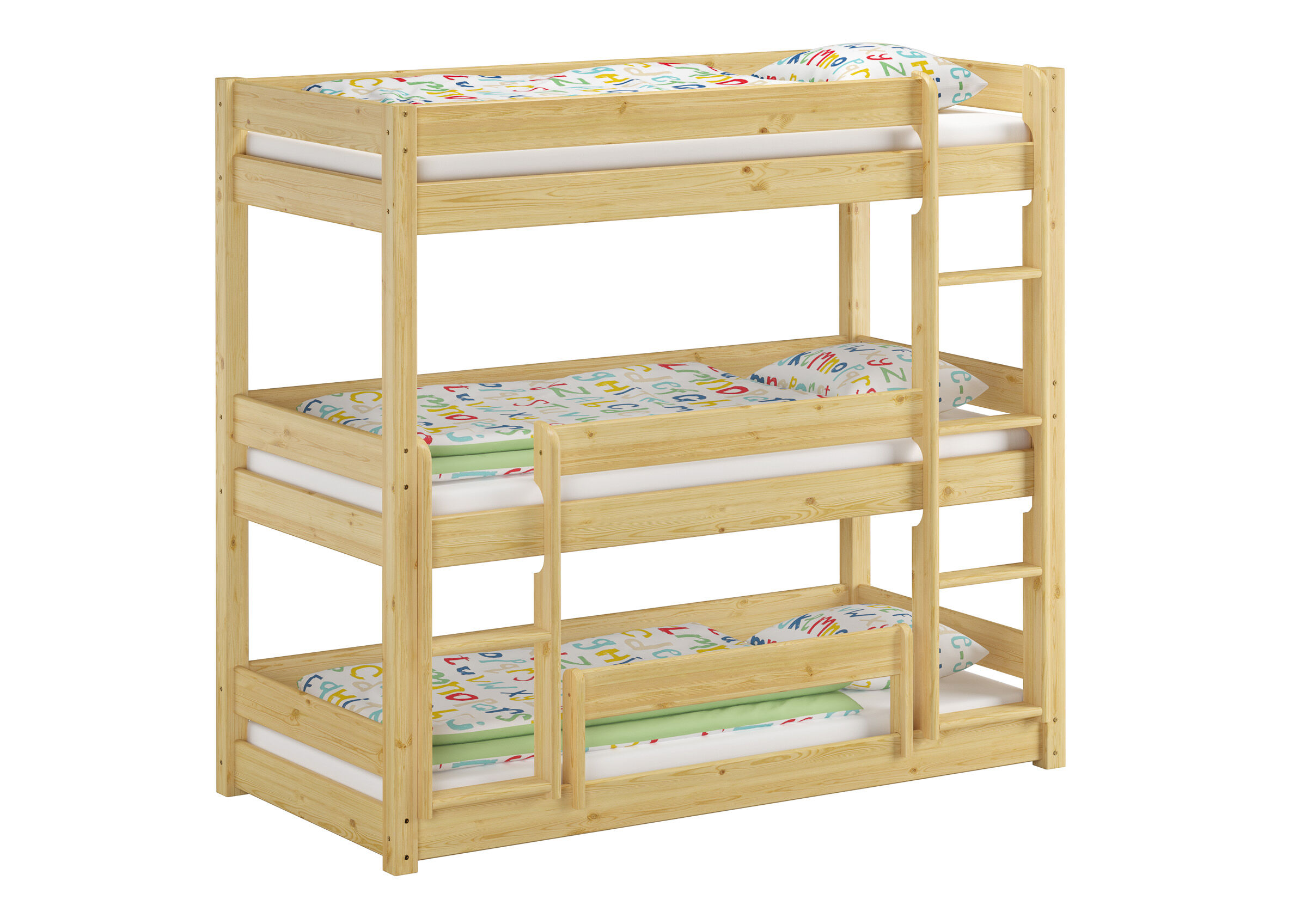 Etagenbett, Holz, Birke, Dreifach-Etagen, Matratzen-Set, Kindersicherung