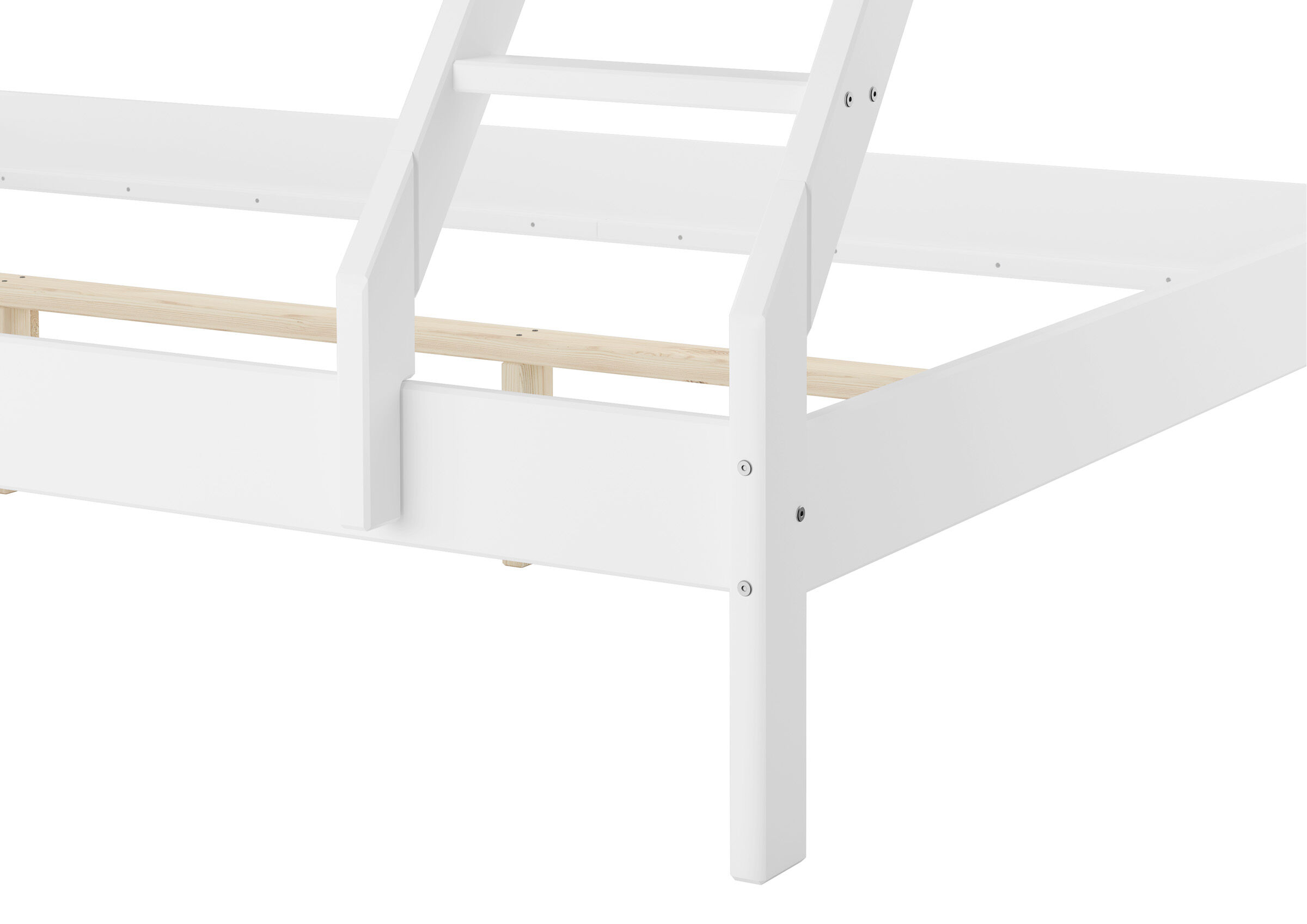 Hochbett, Holz, Weiß, Leiter, Holzlattenrost, Weiße Leiter, Fuß des Bettes im Detal
