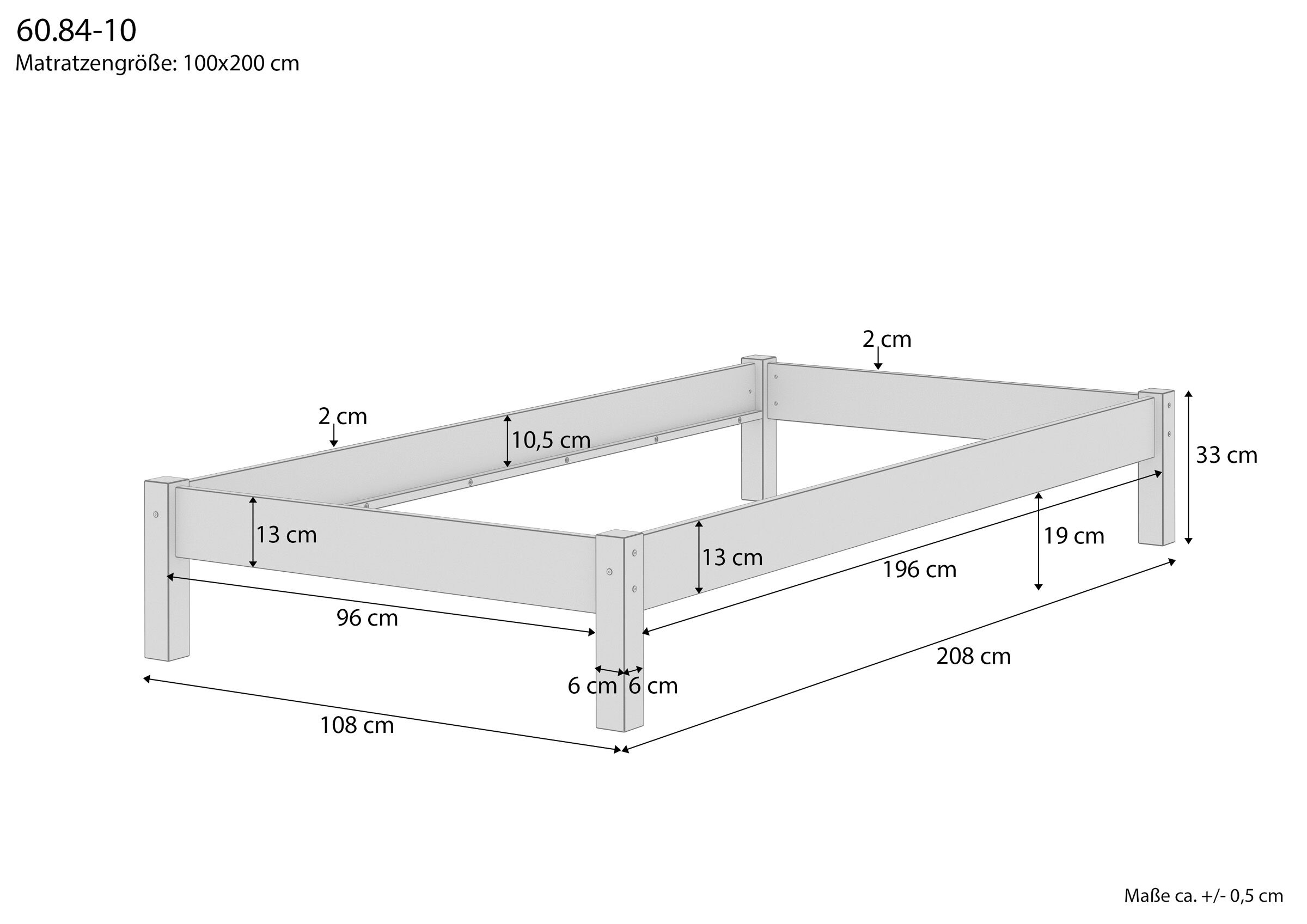 bettgestell, Holzbett, Doppelbettrahmen, Massivholz?, Maße 208x108 cm, Skizze mit Maße