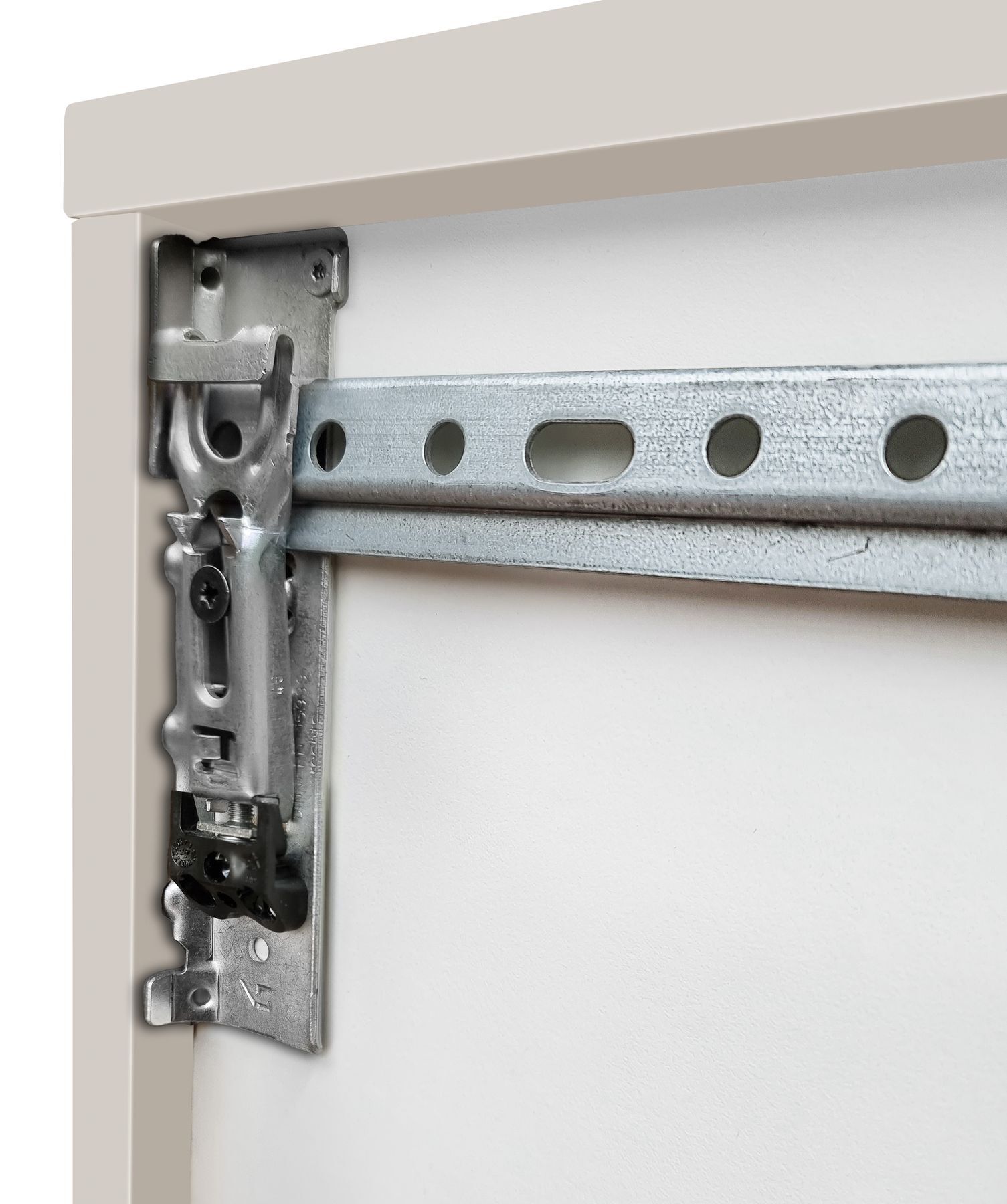 Schrankbeschlag, Schiebetürführung, Metallführung, Laufwerk, Beschlag, Detailbild Schrank für das Bad Kiesel hängend