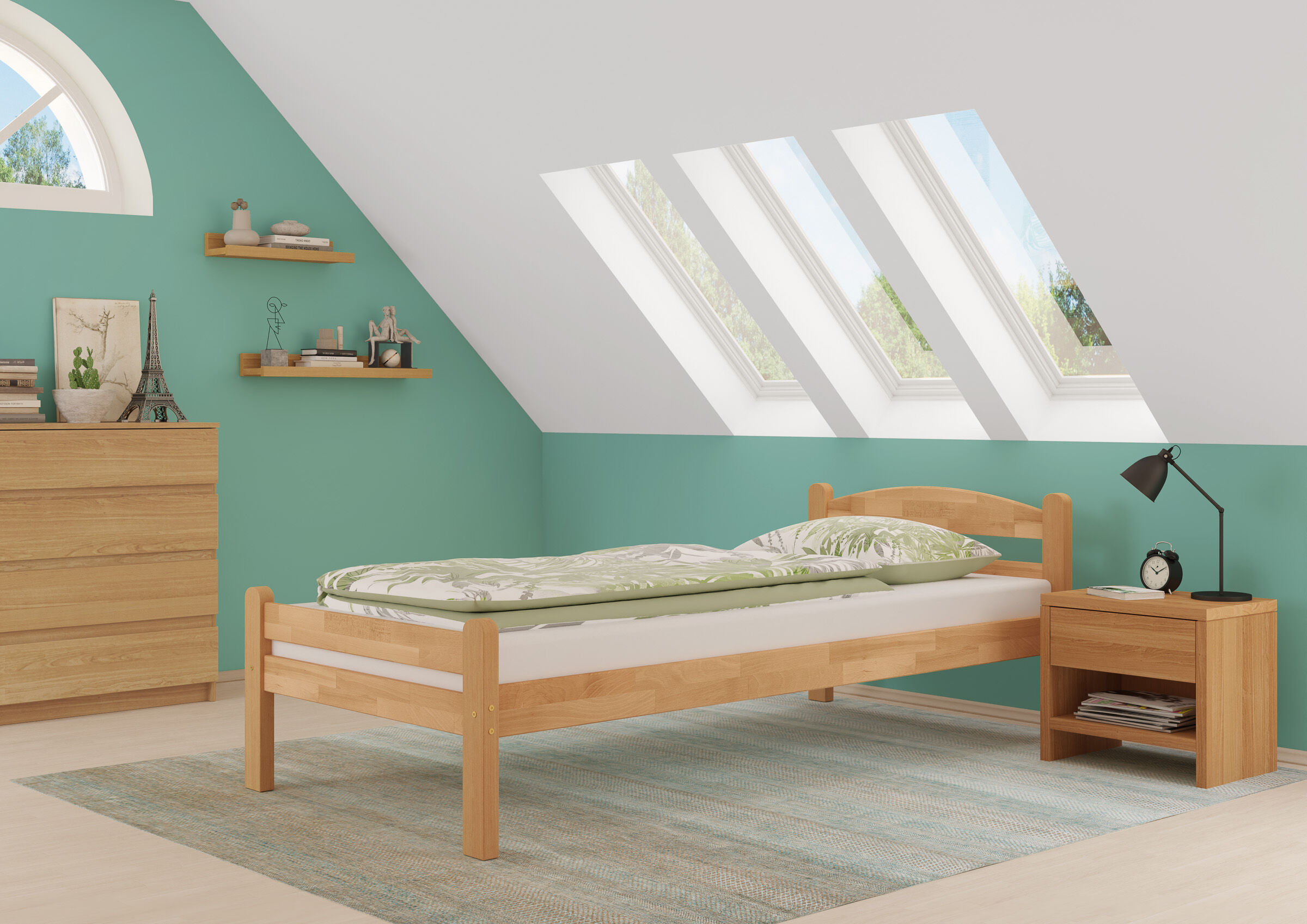 Holzbett, Kiefer, Einzelbett, Tageslichtfenster, Grünwand, Buche Bett 90x200 im Schlafzimmer