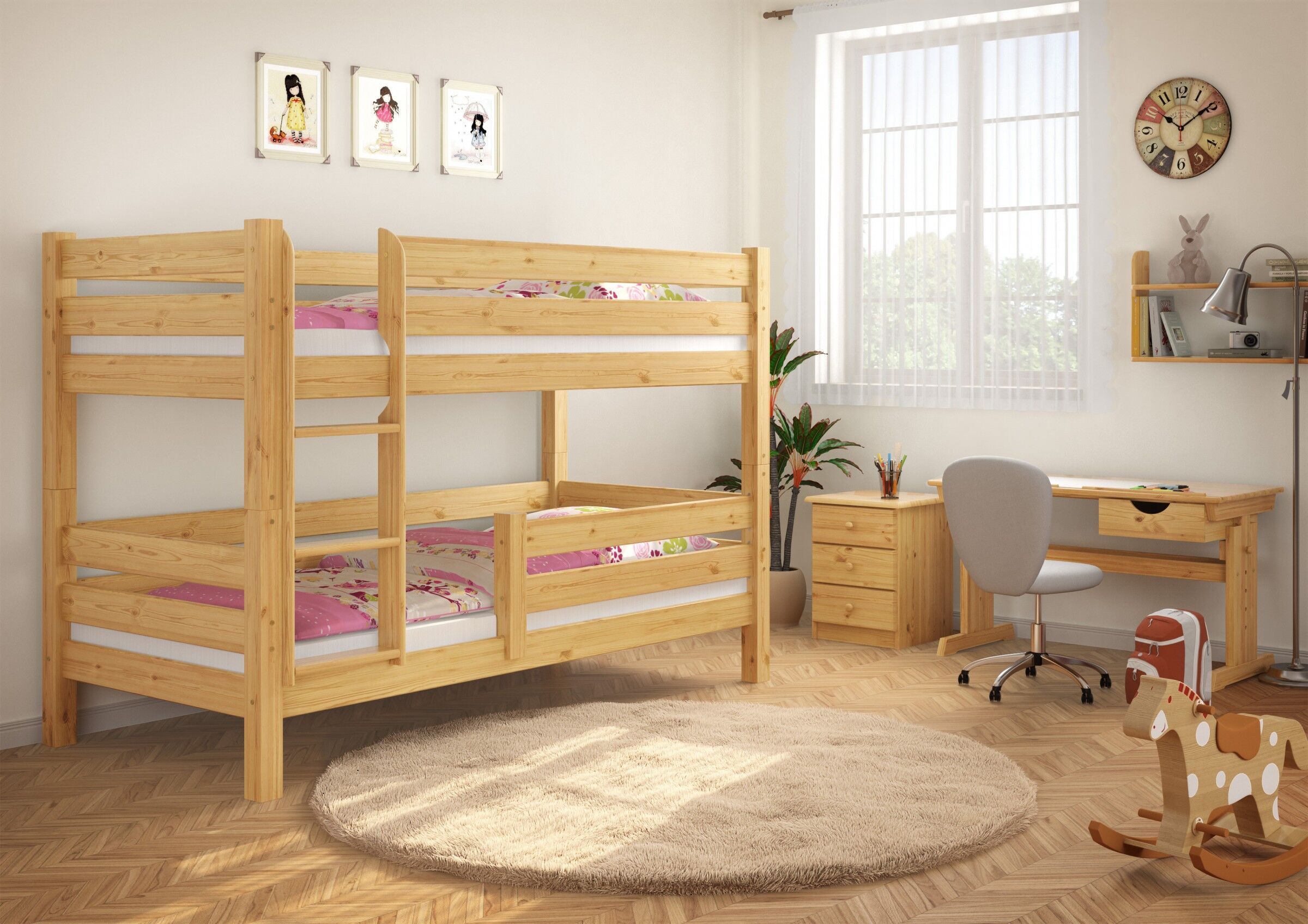 Etagenbett, Holzbett, Bettgestell, Kinderzimmer, Klarlack-Holz, Kinderzimmerbild Etagenbett mit Kindersicherung