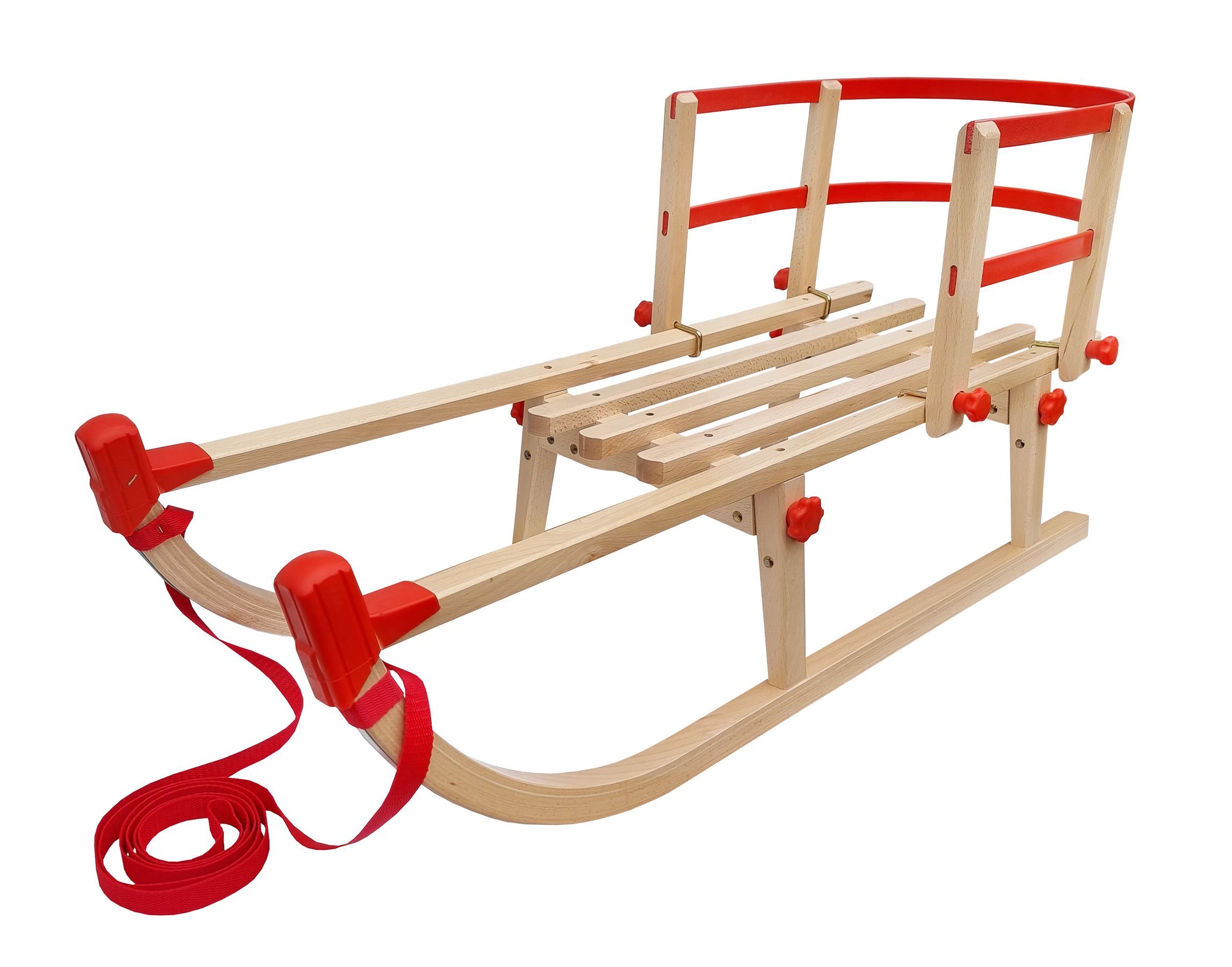 Klappbare Massivholzschlitten mit Lehne und roter Leine