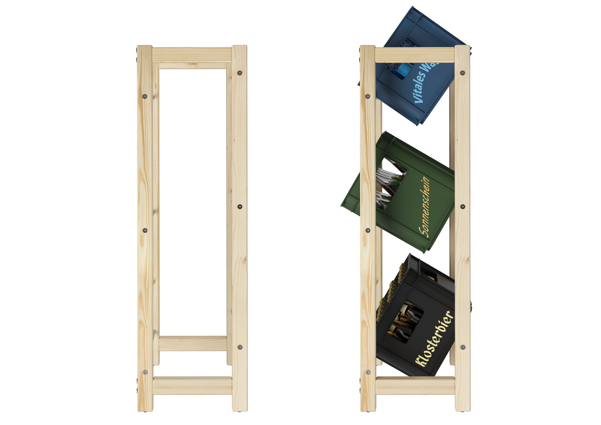 Holzregal, Aufbewahrung, Kunststoffboxen, Behälter, Regalständer, Seitenansicht Holzregal