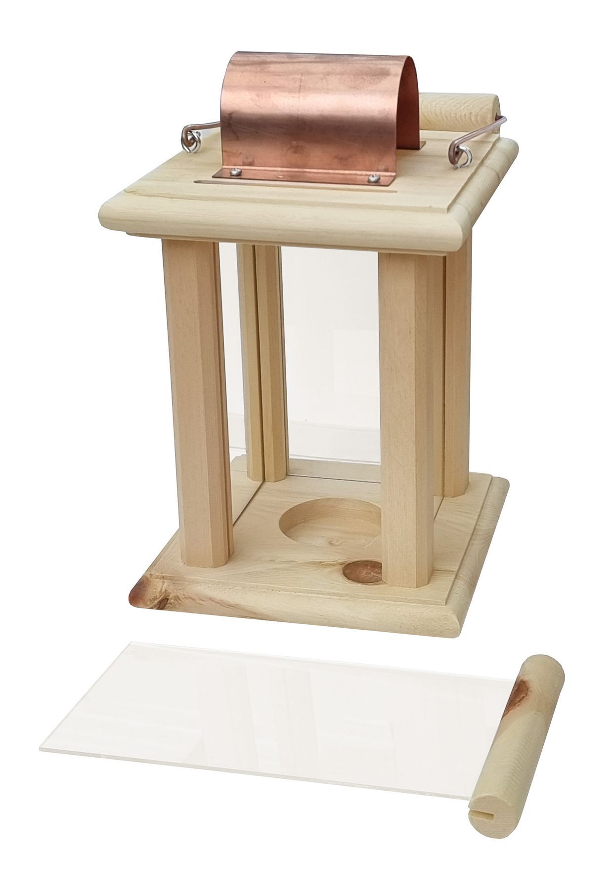 Holz-Alphabetisierer, Holzständer, Kuppelrohr, Isomorpher Ziegeler?, Brett?, Laterne mit herausnehmbarem Glaseinsatz aus Zirbenholz