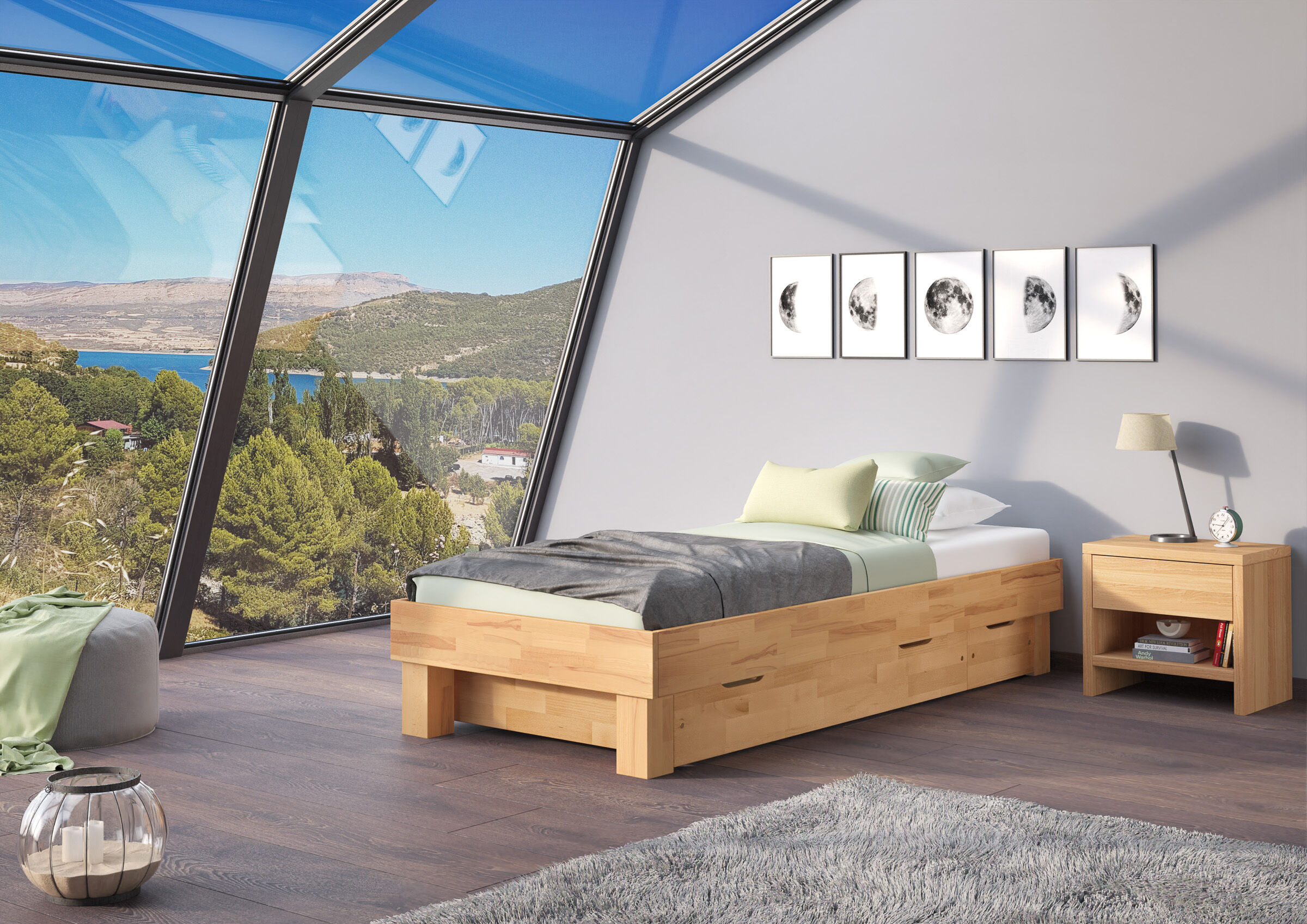 Einzelbett Buche mit Rollboxen Innenarchitektur, Fußboden, Bodenbeläge, Mobiliar, Holz, Holzbett mit Unterbettkommode