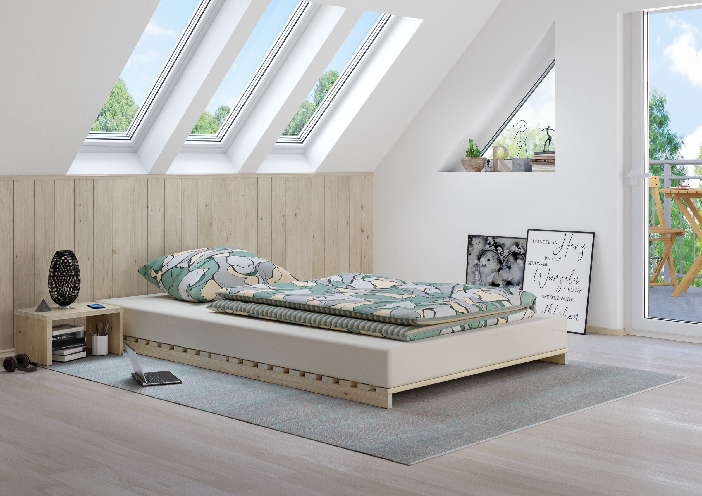 bett, Boxspringbett, Holzbett, klares Design, Bettwäsche, Gästebett niedrig