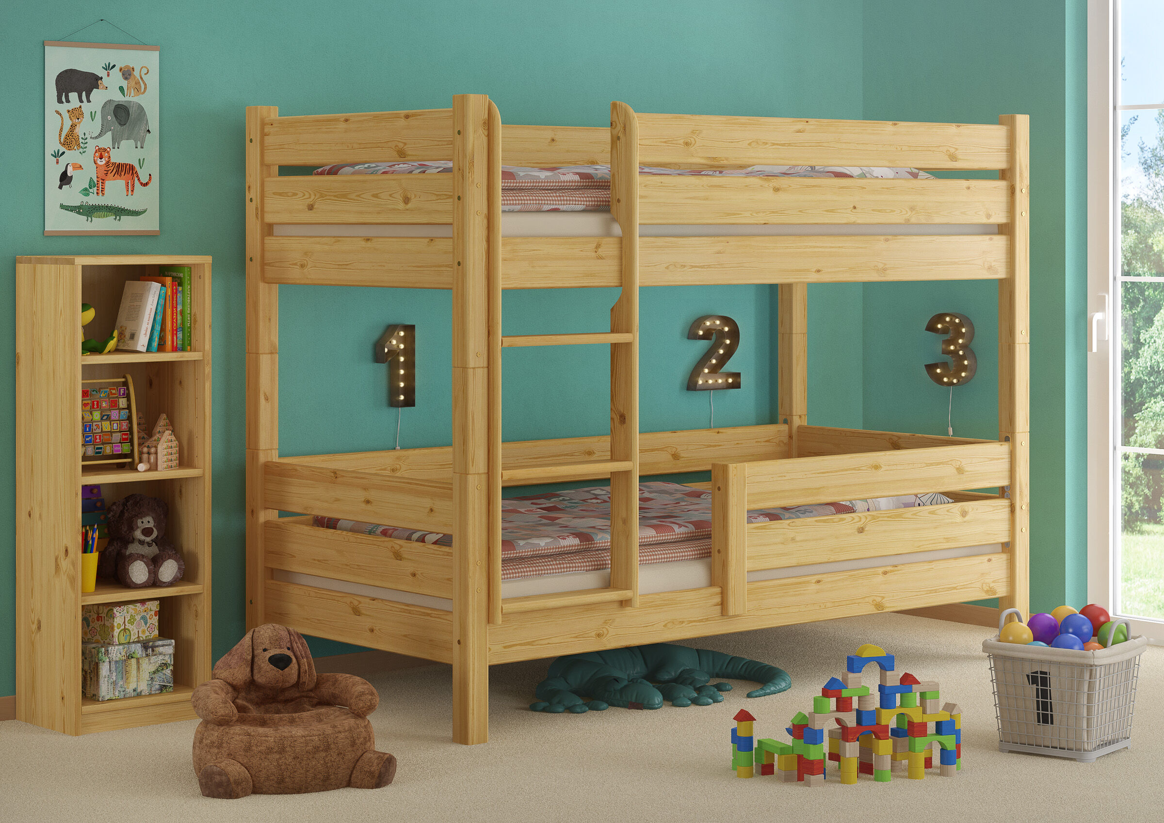 Etagenbett, Holz, Kiefer, Kinderzimmer, Bettgestell, Zimmerbild des Etagenbettes mit standard Gitter unten