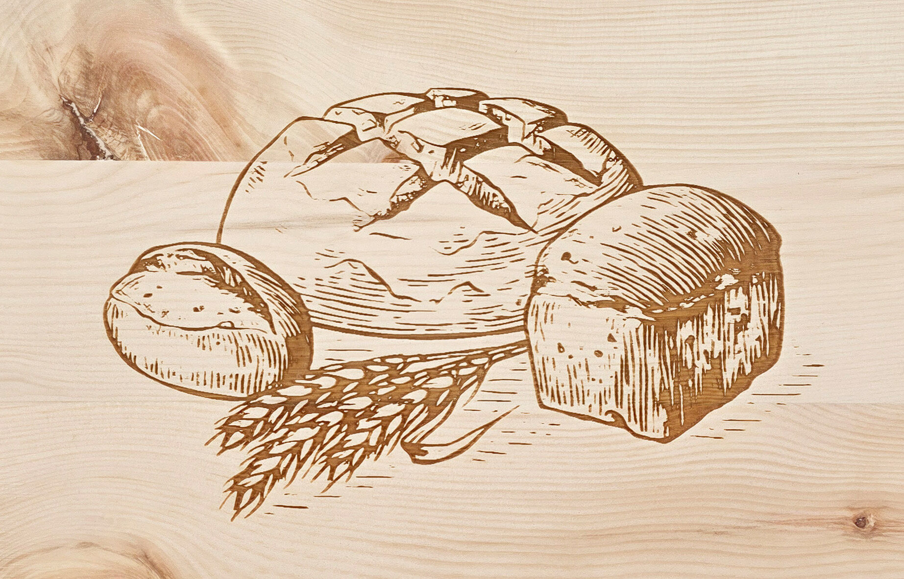Brot, Körnerbrot, Bauernbrot, Scheibenbrot, Holzschnitt, Gravur im Detail