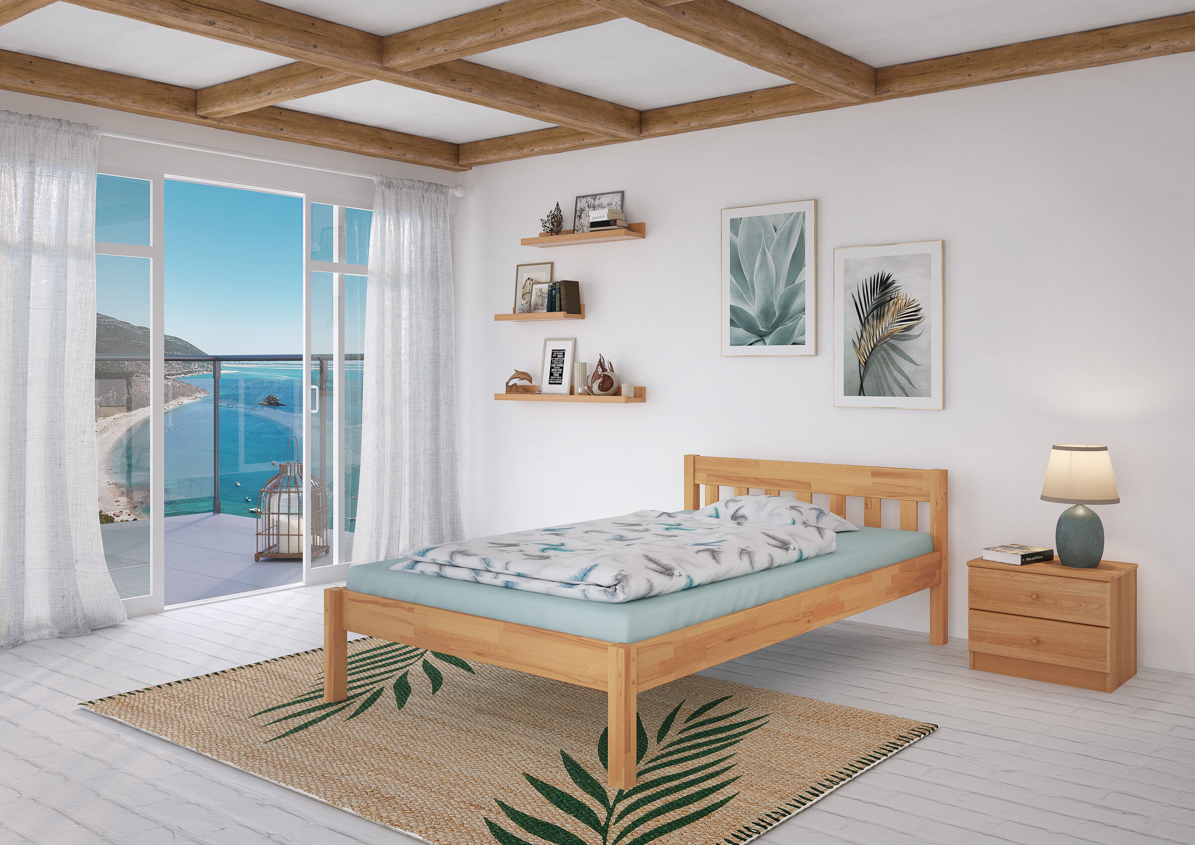 Dekoration für Zuhause, Innenarchitektur, Bett, Mobiliar, Lampe, Überlanges Einzelbett 120x220 aus Buche