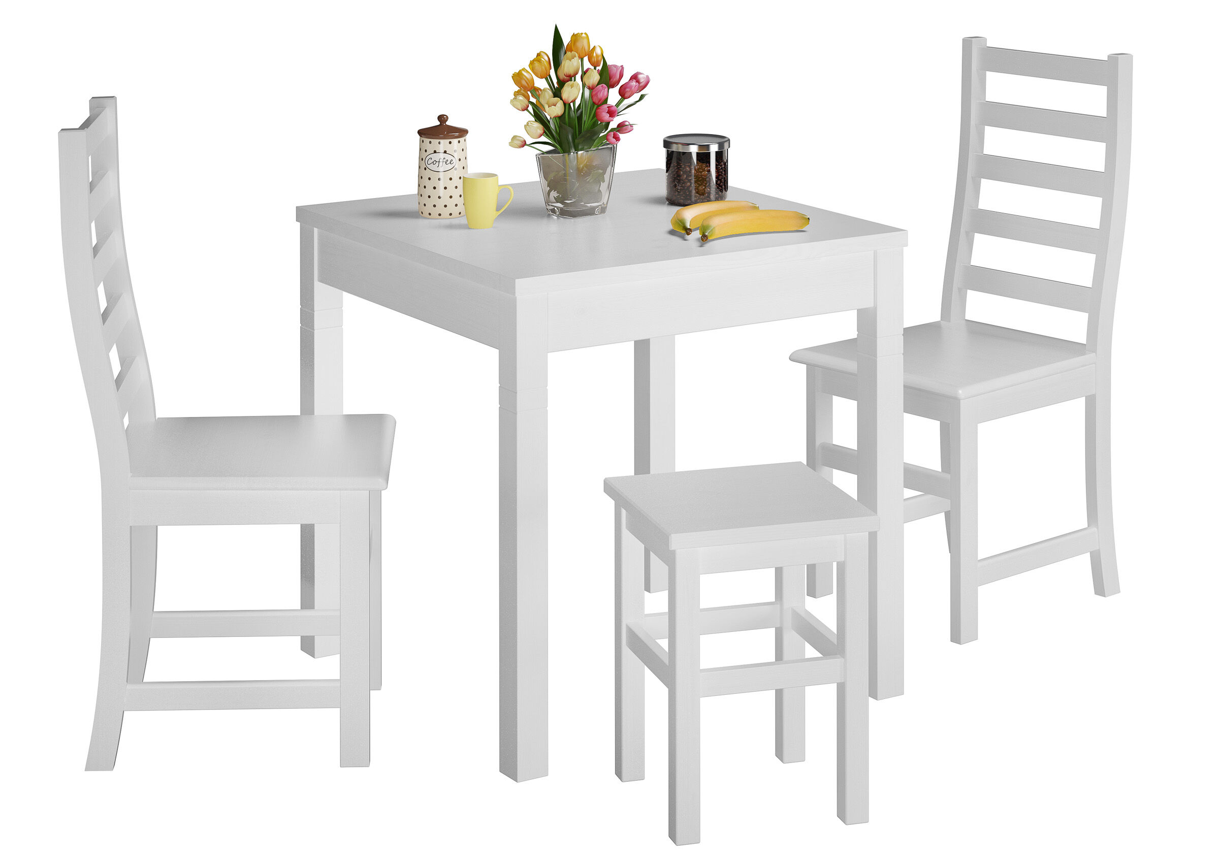 Esstisch, Holztisch, weiß, vierbeiniger Tisch, Stühle-Set, Tritthocker Kiefer massiv waschweiß