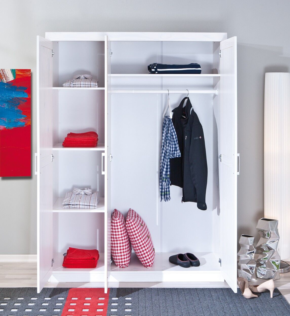 Kleiderschrank, Schuhpaar, Jacke, Hemden, Decke/Hülle, Kleiderschrank Kiefer massiv weiß